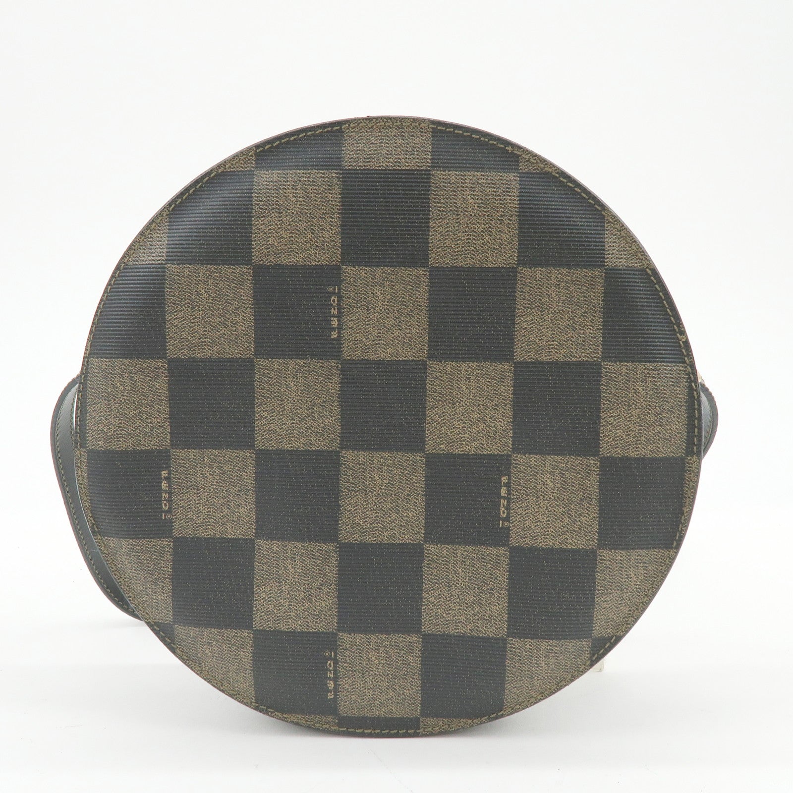 FENDI Leather PVC Round Shoulder Bag Checker Pattern Black Brown