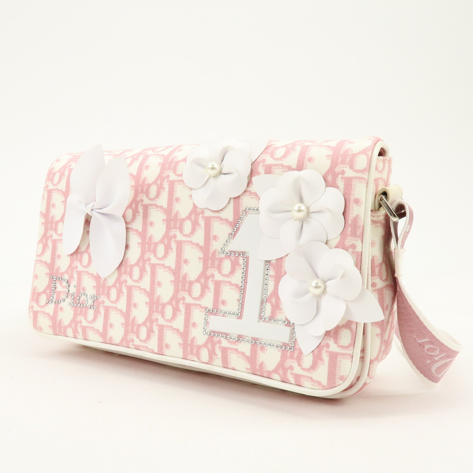 Christian Dior Trotter Canvas Rhinestone Leather Shoulder Bag Pink