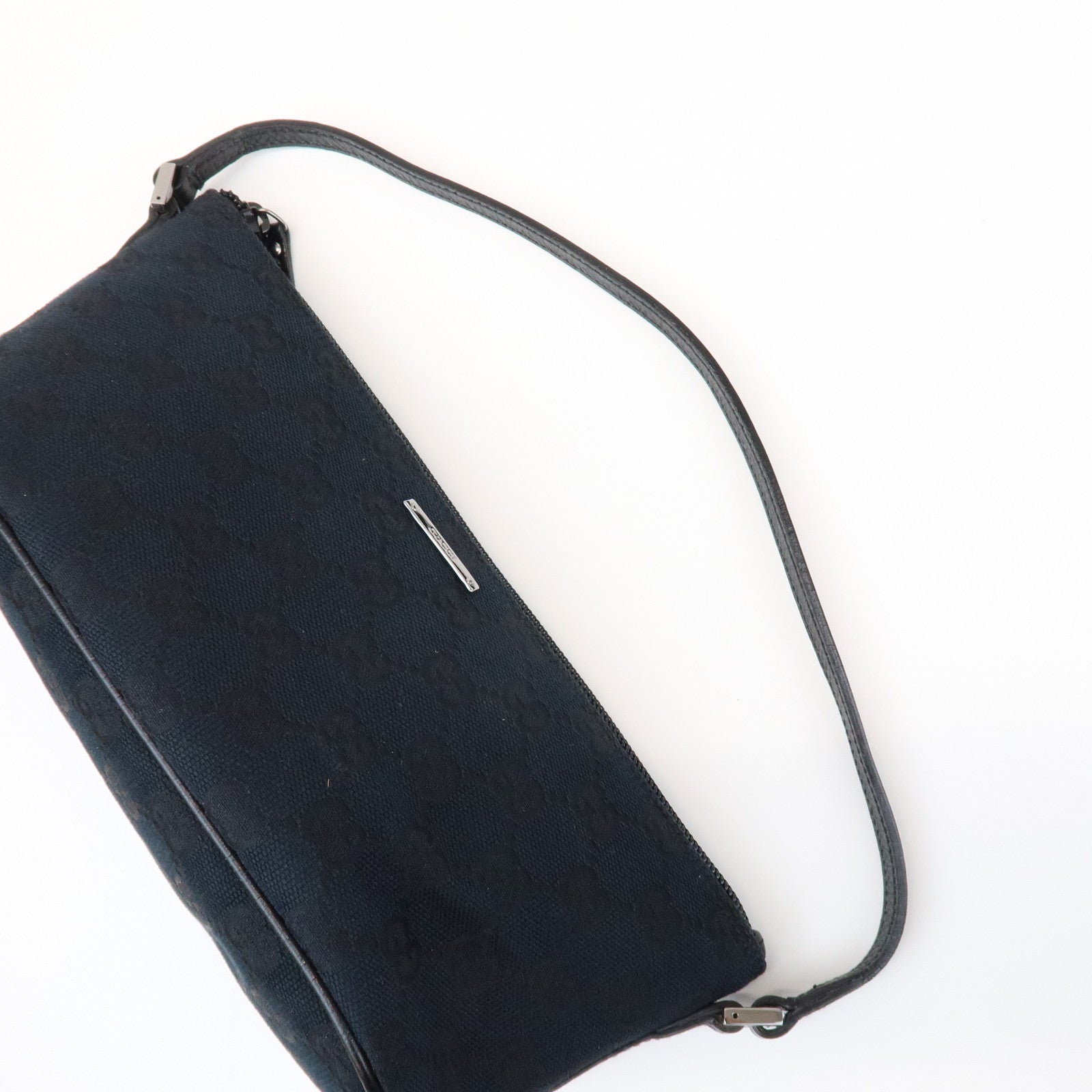 GUCCI Boat Bag GG Canvas Leather Pouch Hand Bag Black 07198