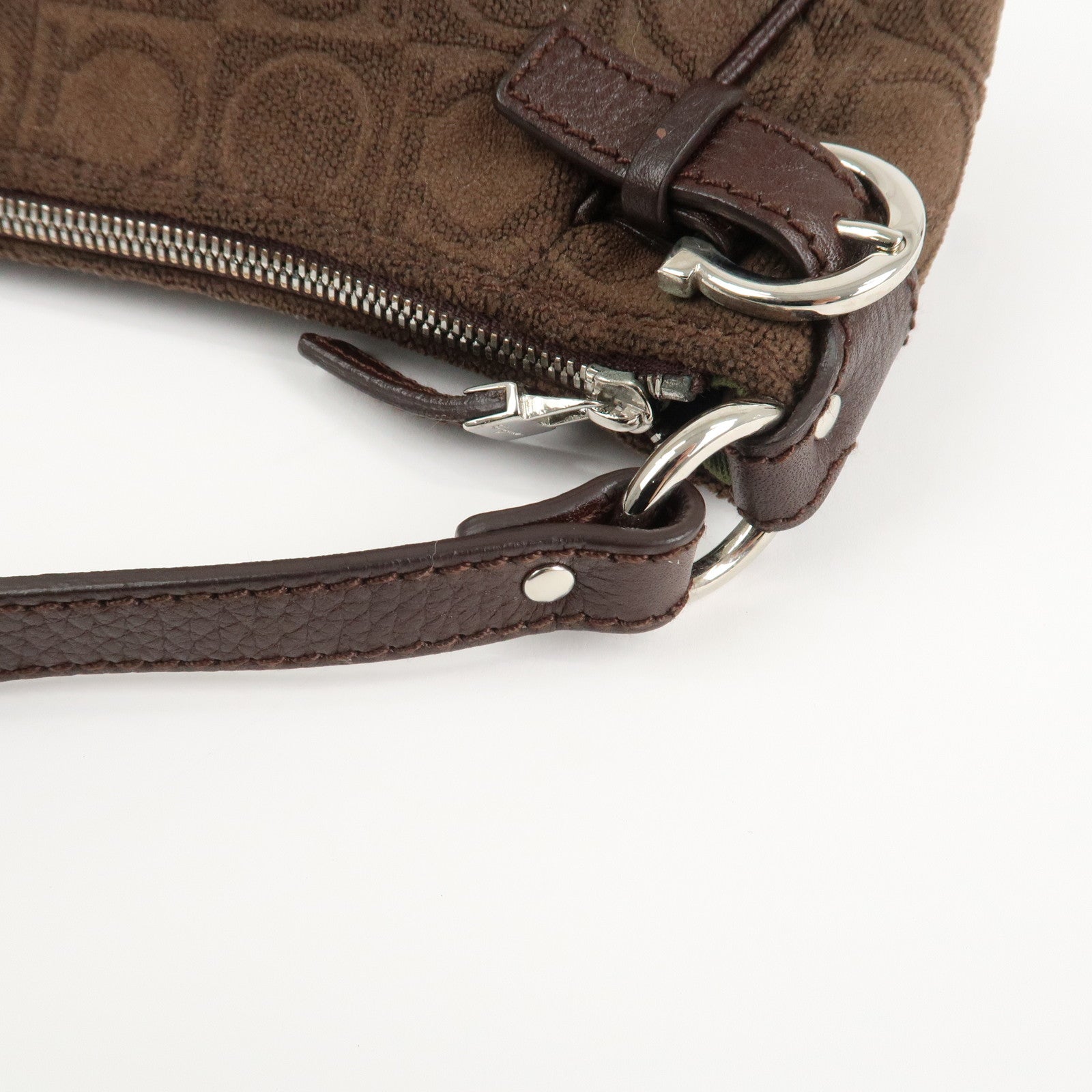 Ferragamo Gancini Leather Cotton Accessory Pouch Hand Bag Brown
