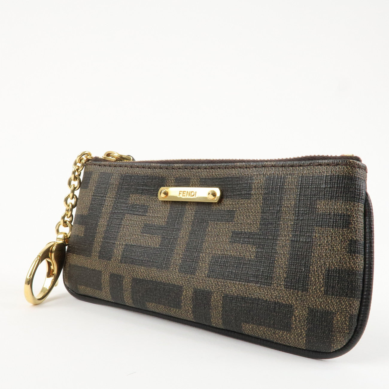 FENDI Zucca Leather PVC Coin Case Key Chain Black Brown 8AP005 Used