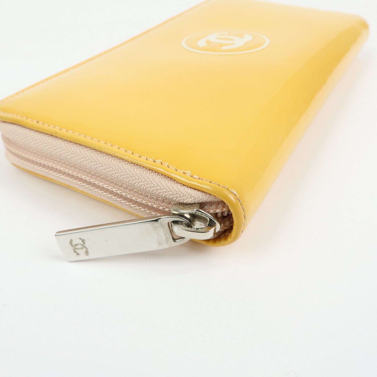 CHANEL Makeup COCO Mark Patent Leather Long Wallet Yellow