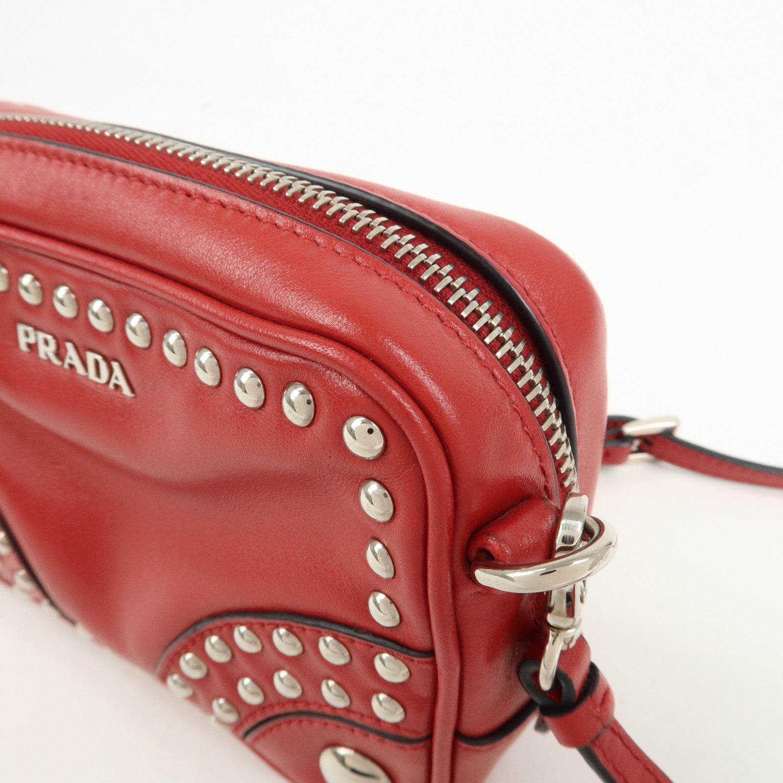 PRADA Logo Leather Mini Shoulder Bag Camera Bag Studs Red 1N1674
