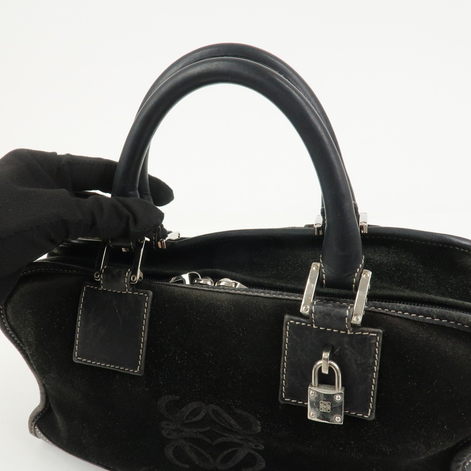 LOEWE Anagram Amazona 28 Suede Leather Hand Bag Bostpn Bag Black