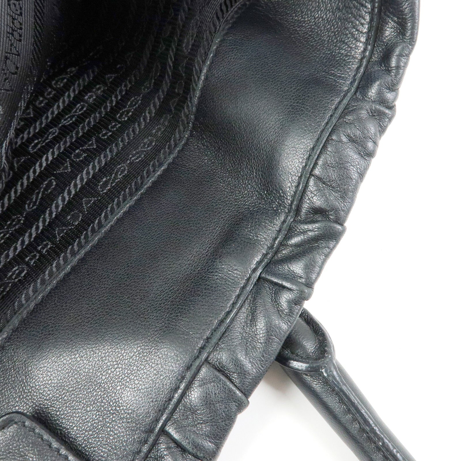 PRADA Logo Leather Gathered Tote Bag Hand Bag Black