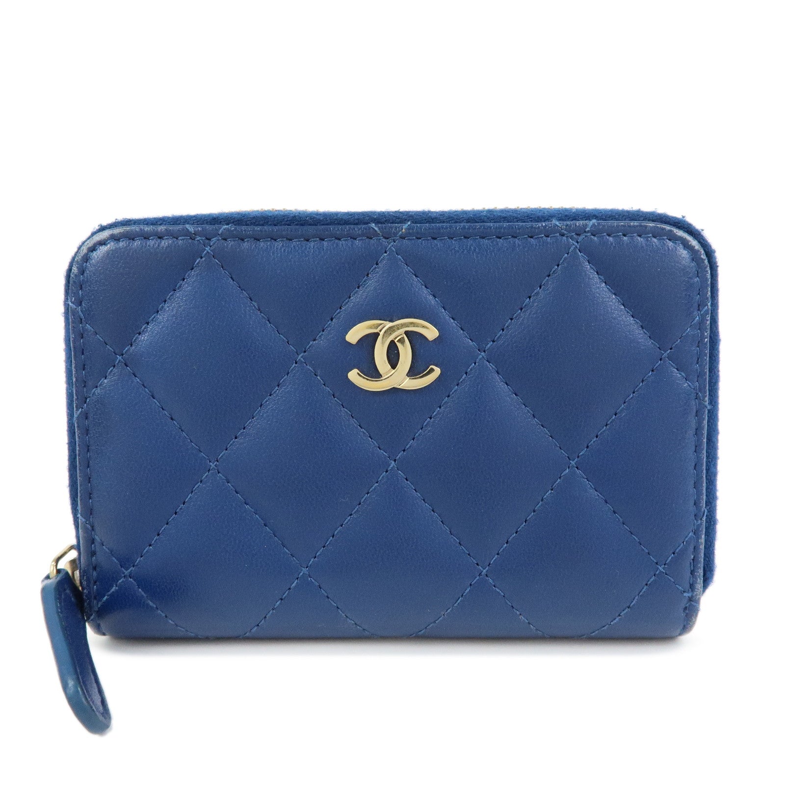 CHANEL Matelasse COCO Mark Lamb Skin Coin Case Card Case Blue
