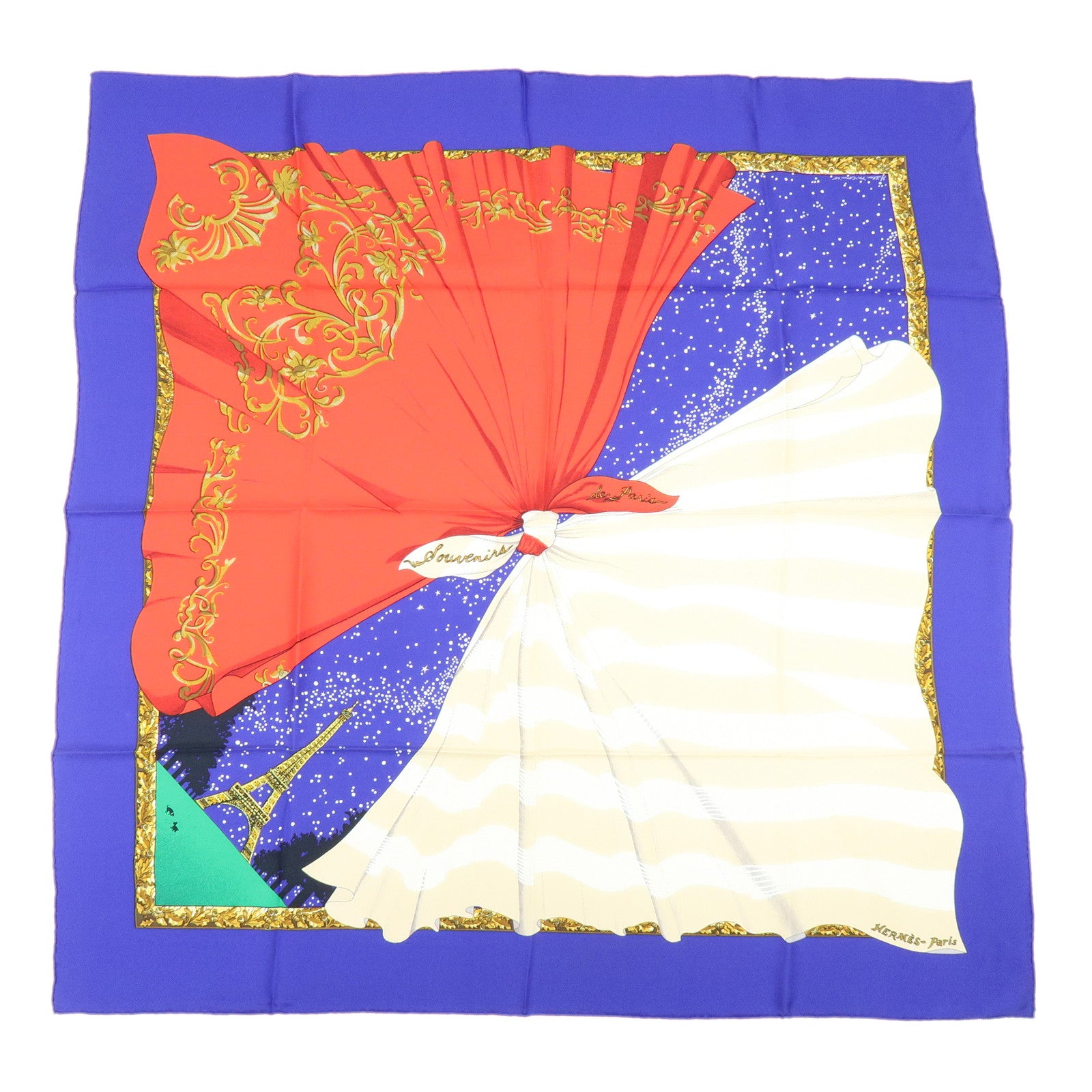 HERMES Carre 90 Silk 100% Scarf Souvenirs de Paris Blue Red