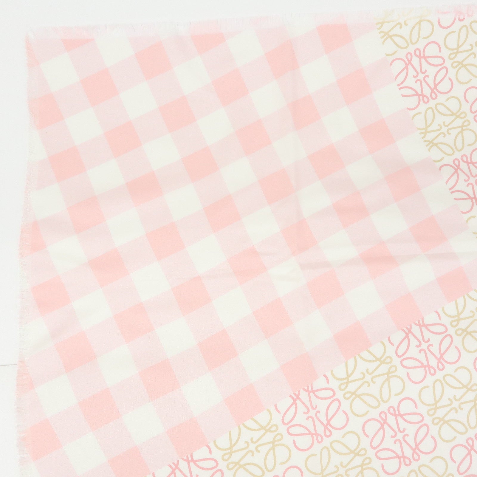 LOEWE Anagram Silk 100% Scarf Gingham Check Pink Beige