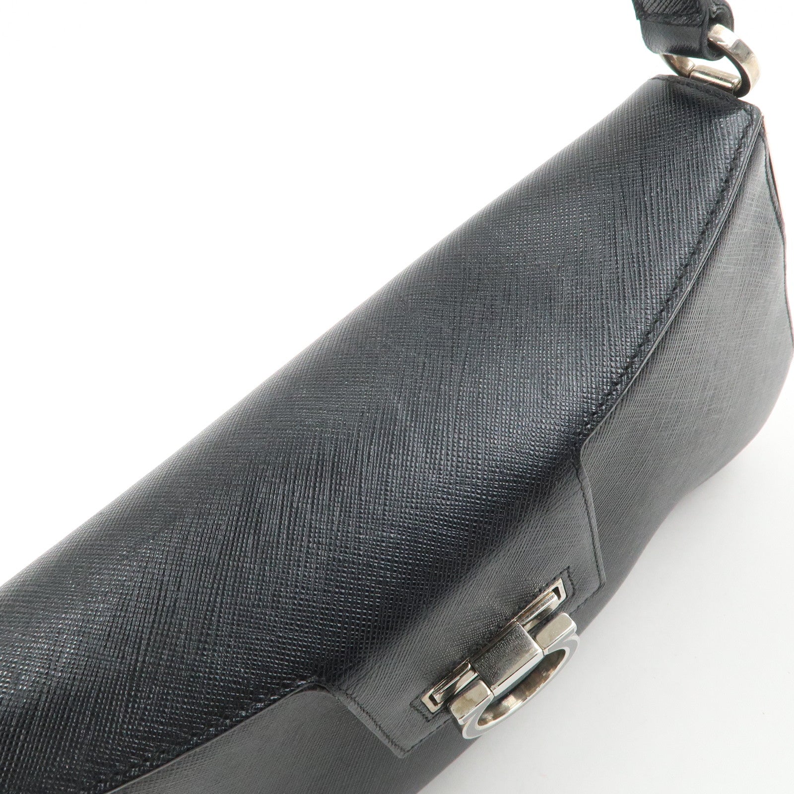 Ferragamo Gancini Leather Shoulder Bag Hand Bag Black Silver HDW