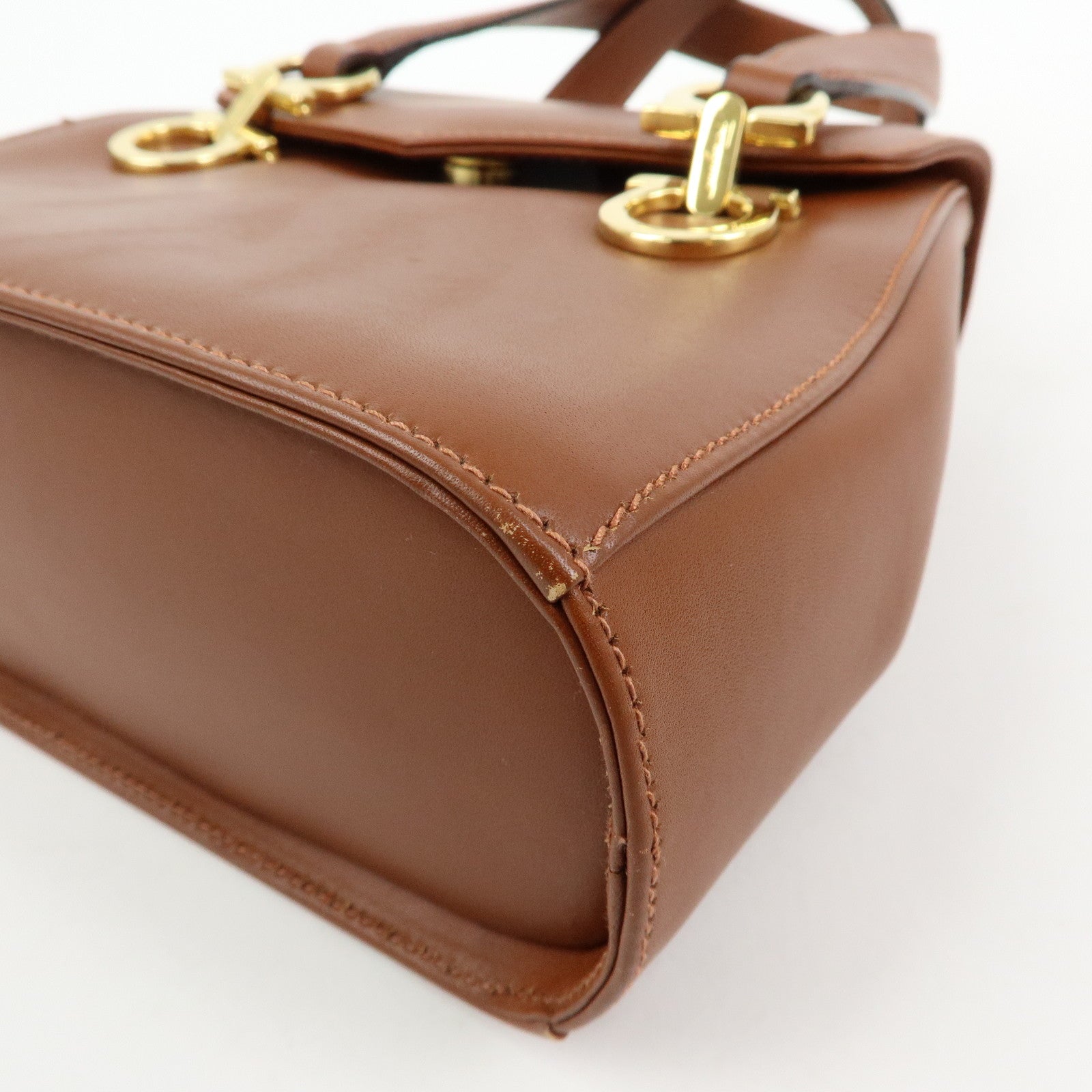 Ferragamo Gancini Leather 2Way Bag Hand Bag Shoulder Bag Brown