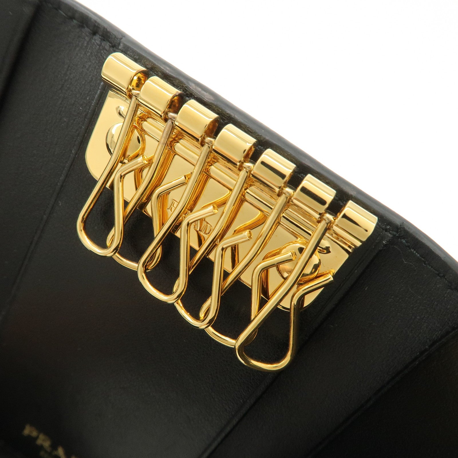 PRADA Triangle Logo Leather 6 Key Case Key Holder Black 1PG222