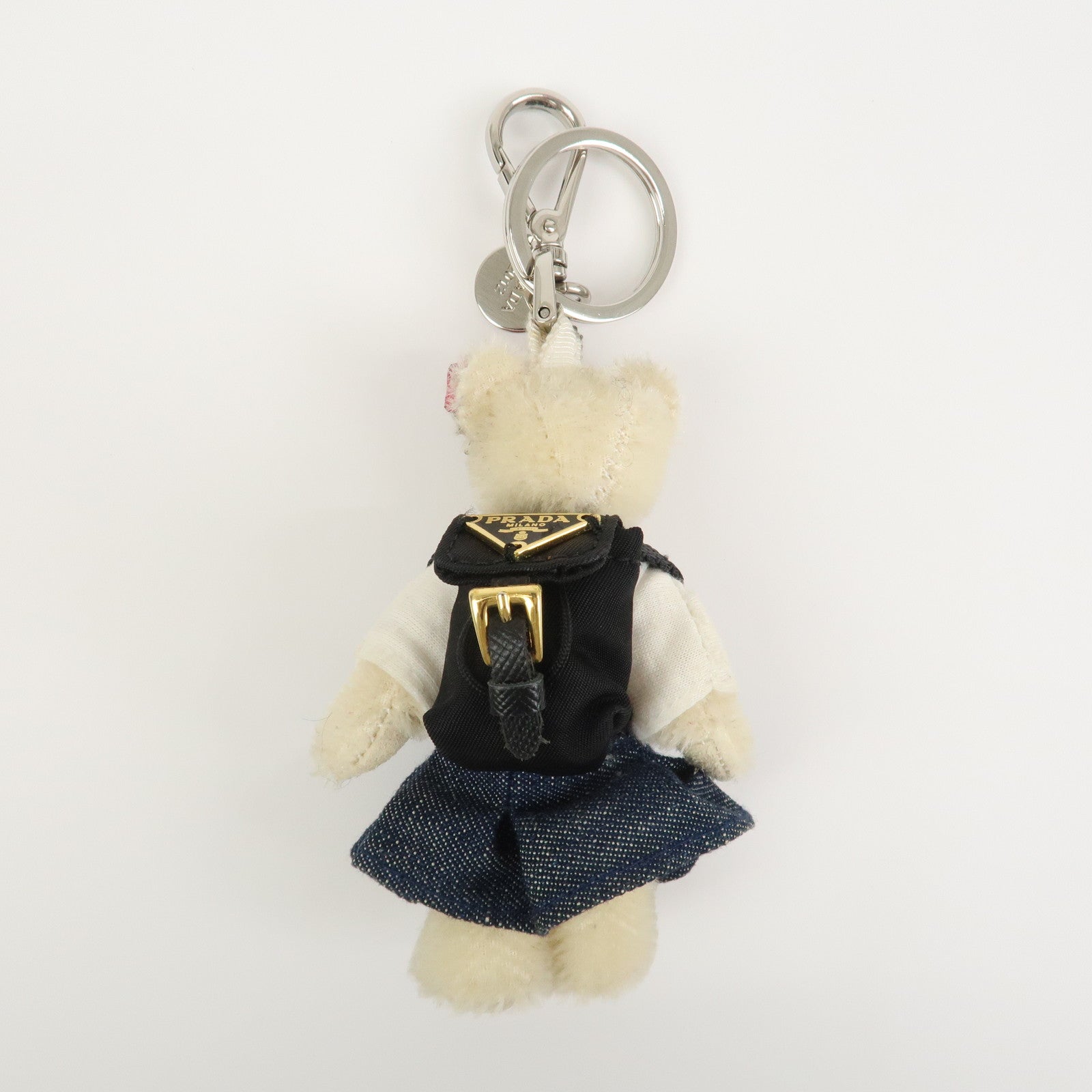 PRADA Triangle Logo Teddy Bear Bag Key Charm Denim Multicolor