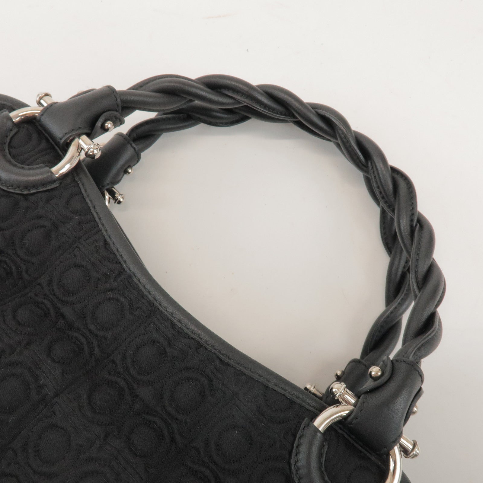 Ferragamo Gancini Canvas Leather Hand Bag Shoulder Bag Black