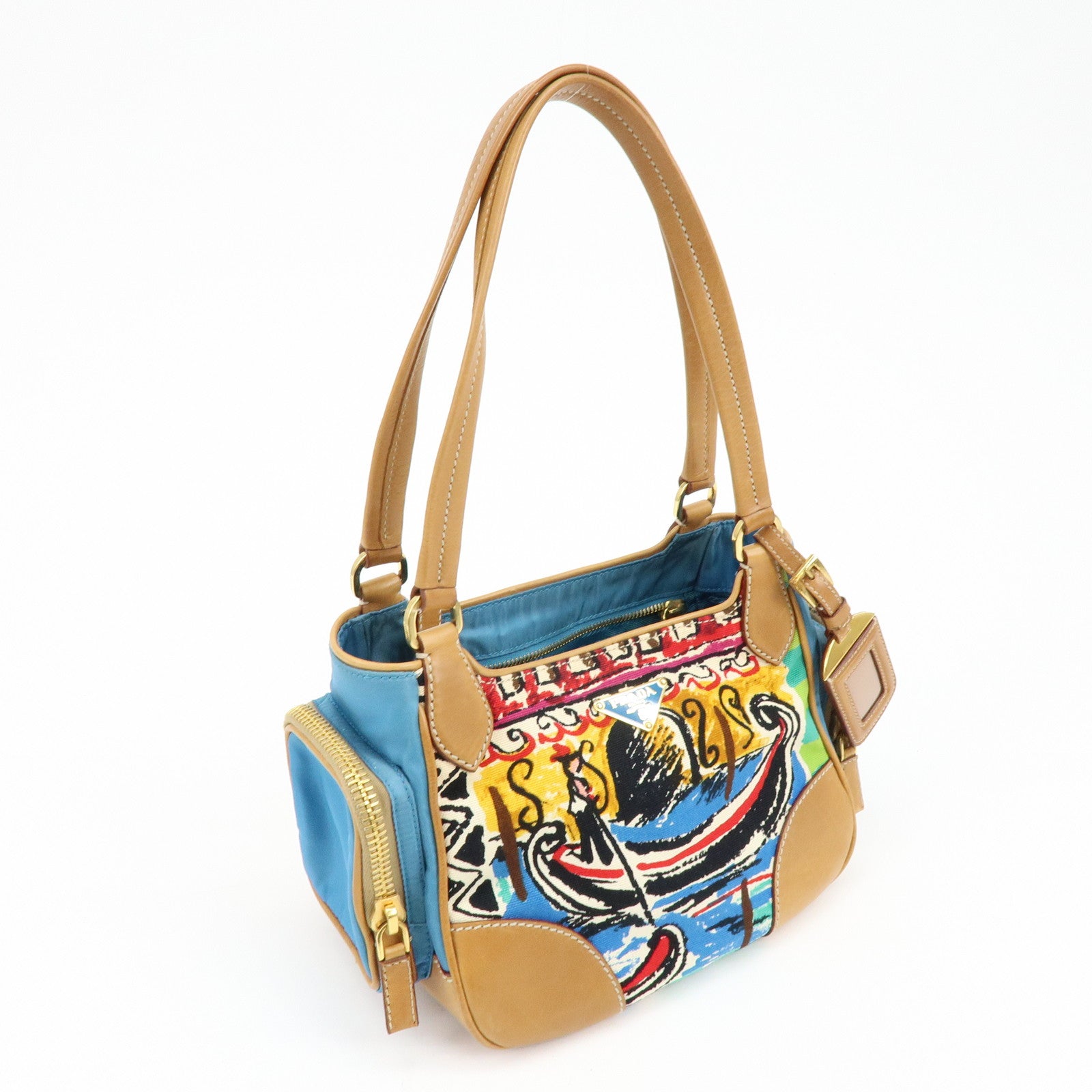 PRADA Triangle Logo Canvas Leather Hand Bag Light Brown Blue