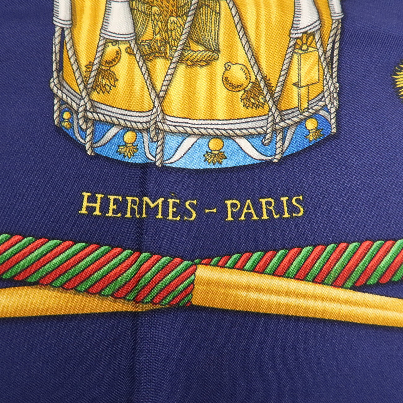 HERMES Carre 90 Silk 100% Scarf LES TAMBOURS Navy Multicolor Used