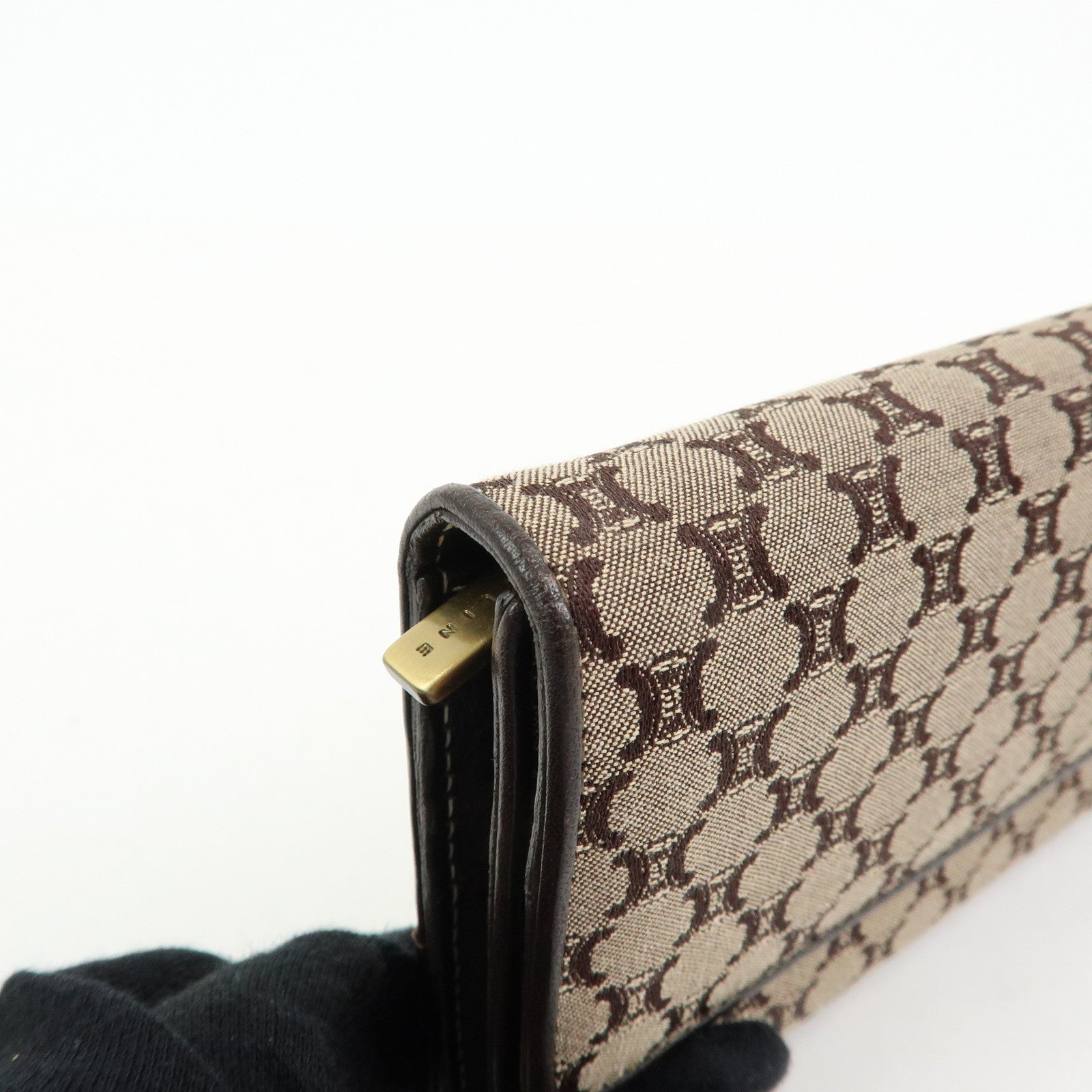 CELINE Macadam Canvas Leather Flap Long Wallet Beige Brown