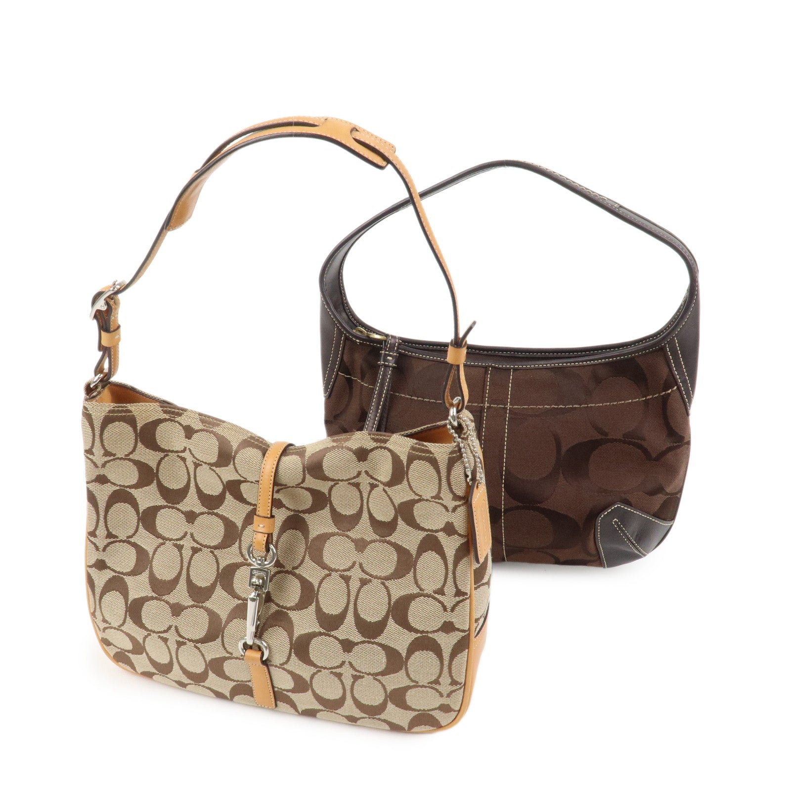 COACH Set Of 2 Canvas Leather Shoulder Bag Hand Bag Brown Beige