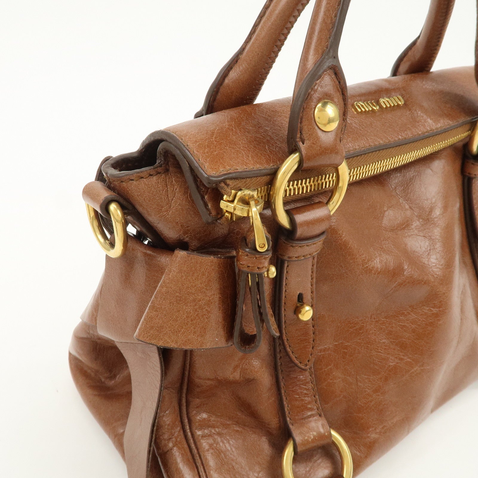 MIU MIU Logo Leather 2Way Bag Hand Bag Shoulder Bag Brown RT0438