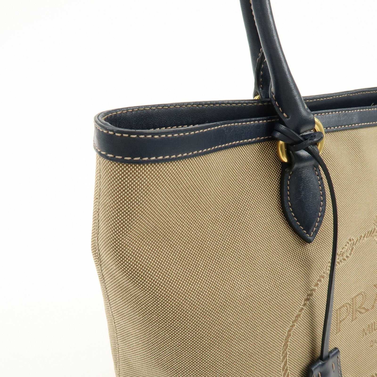 PRADA Logo Jacquard Leather Tote Bag Hand Bag Beige Navy