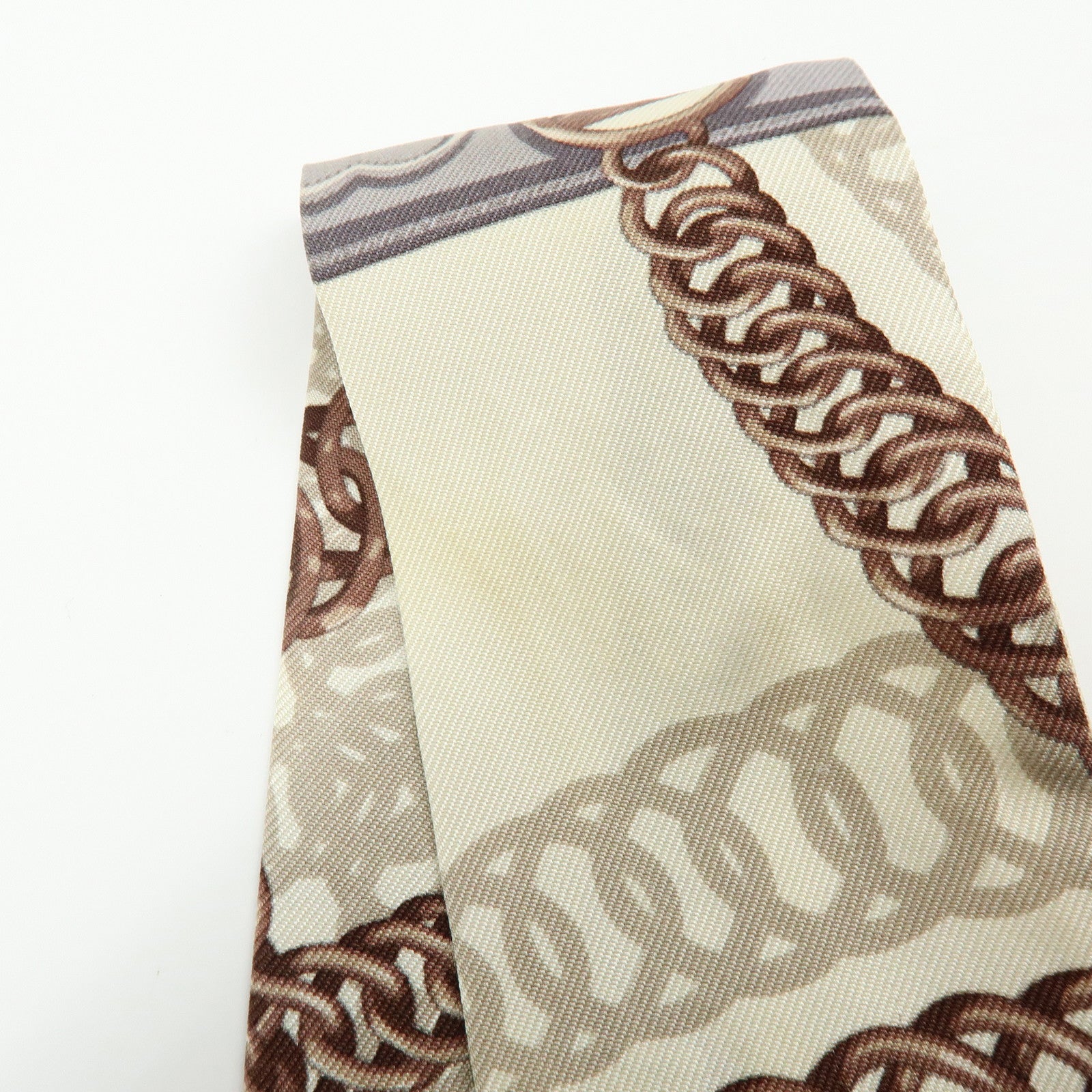 HERMES Twilly Silk 100% Scarf Chain Print Ivory Brown