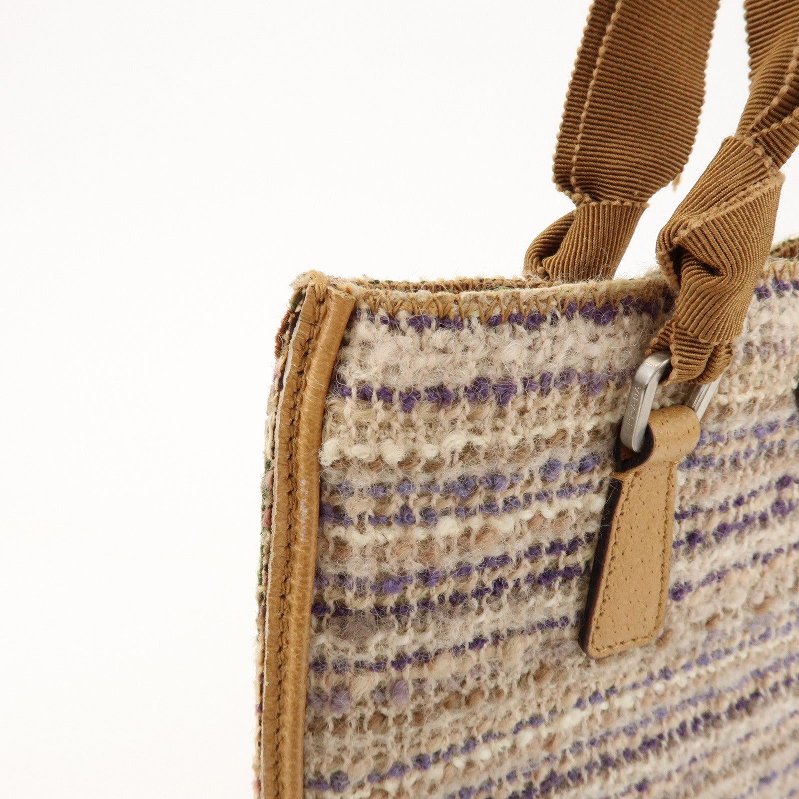 PRADA Triangle Logo Tweed Leather Hand Bag Light Brown Multicolor