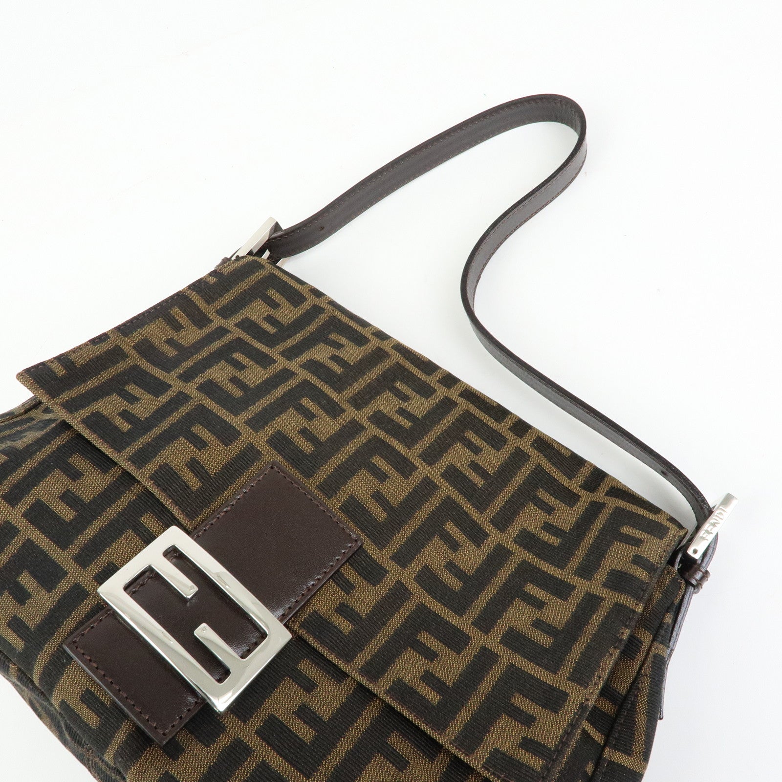 FENDI Mamma Baguette Zucca Canvas Leather Shoulder Bag Brown 26325