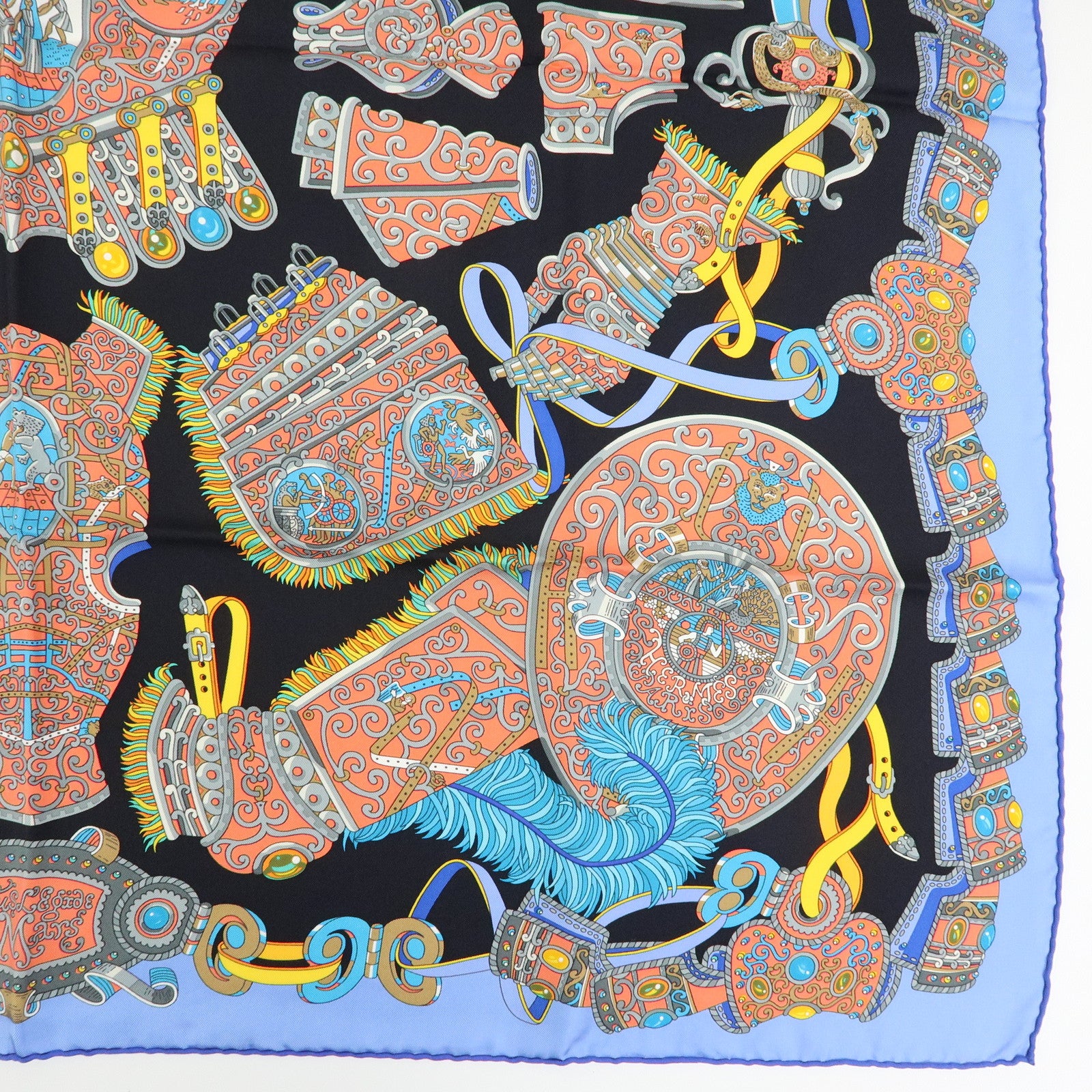 HERMES Carre 90 Silk 100% Scarf SOUS LE GIDE DE MARS Black Blue