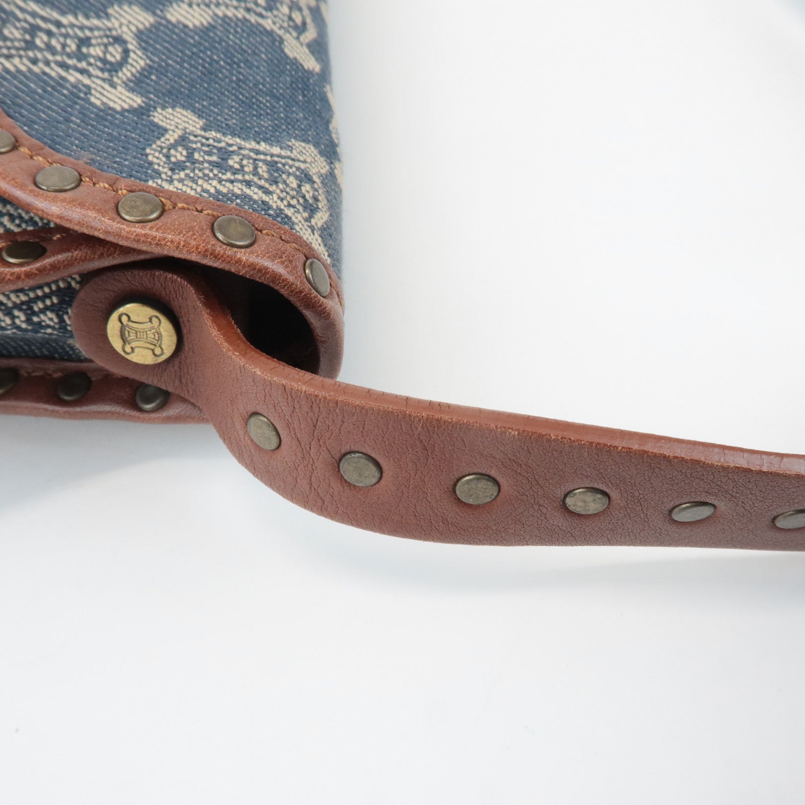 CELINE Macadam Denim Canvas Leather Shoulder Bag Blue Brown Used