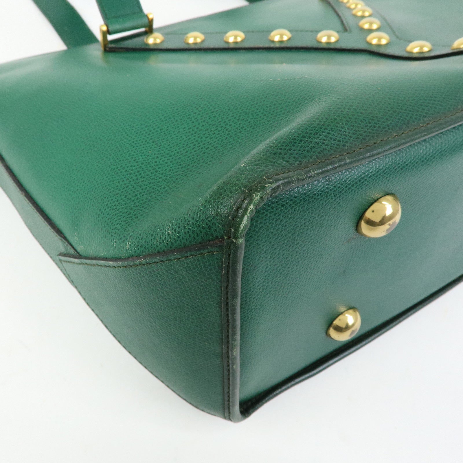 SAINT LAURENT PARIS Y Line Leather Studs Tote Shoulder Bag Green