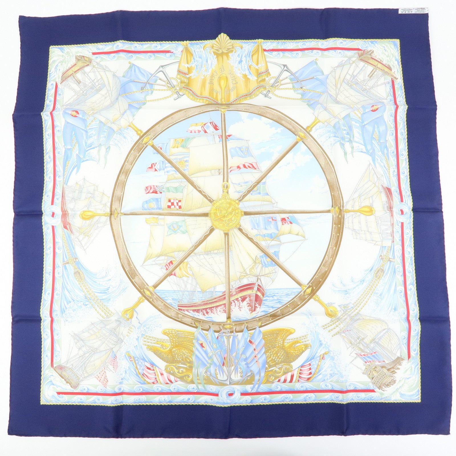 HERMES Carre 90 Silk 100% Scarf VIVE LE VENT Navy Blue Yellow White