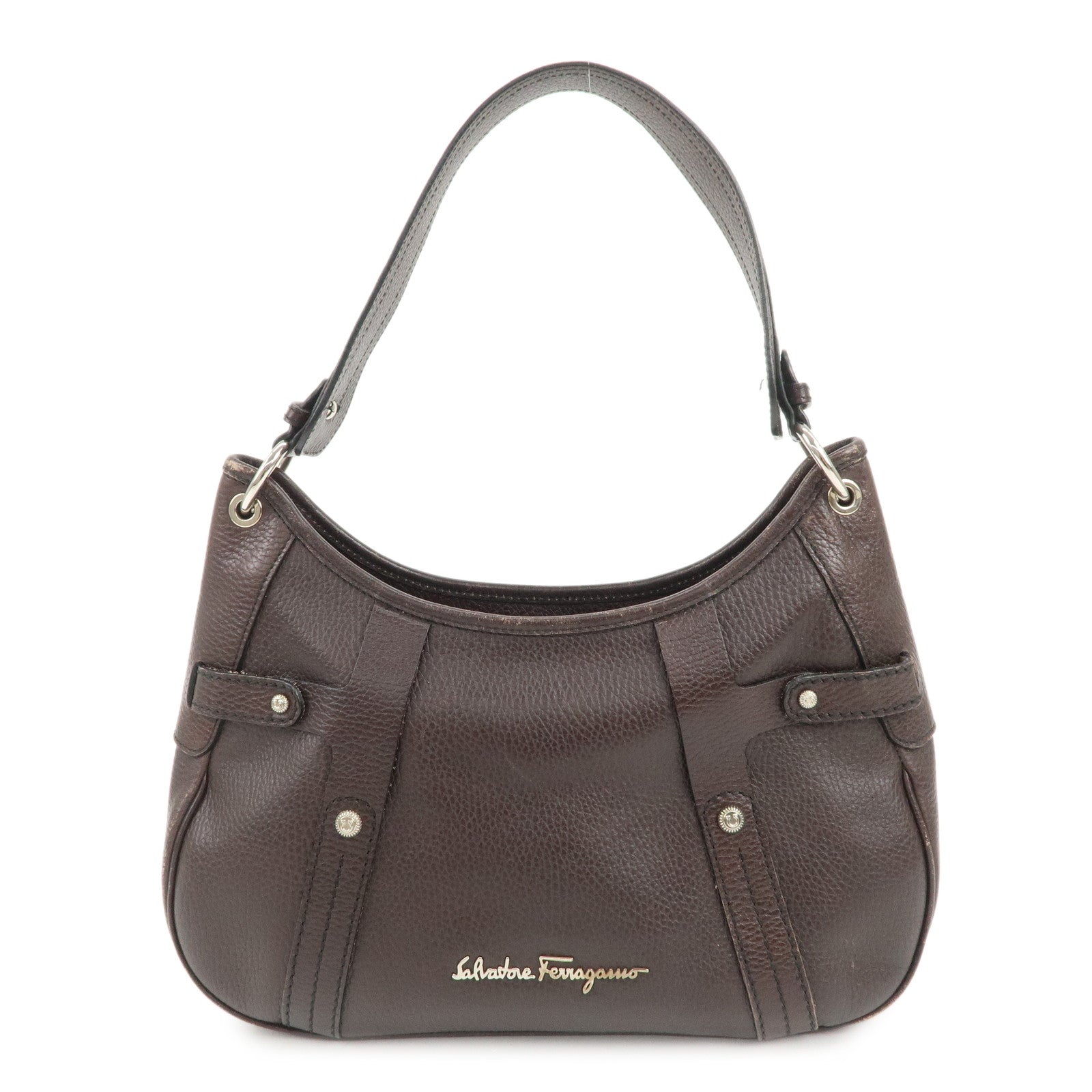 Ferragamo Gancini Leather Shoulder Bag Dark Brown Silver
