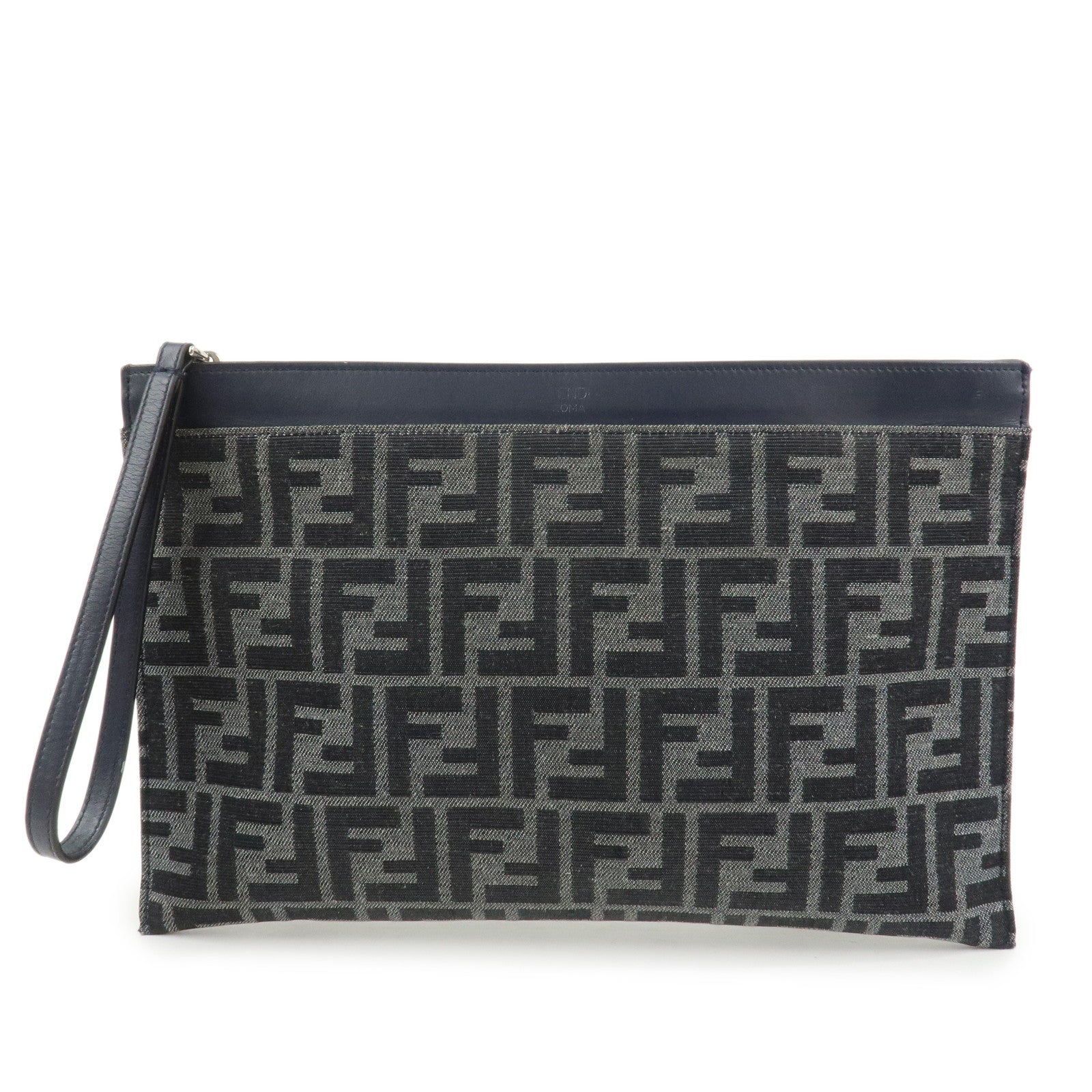 FENDI Zucca Flat Slim Canvas Leather Clutch Bag Navy 7N0134