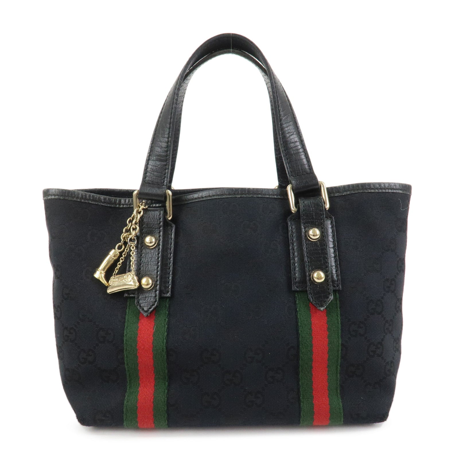 GUCCI Sherry GG Canvas Leathe Tote Bag Hand Bag Black