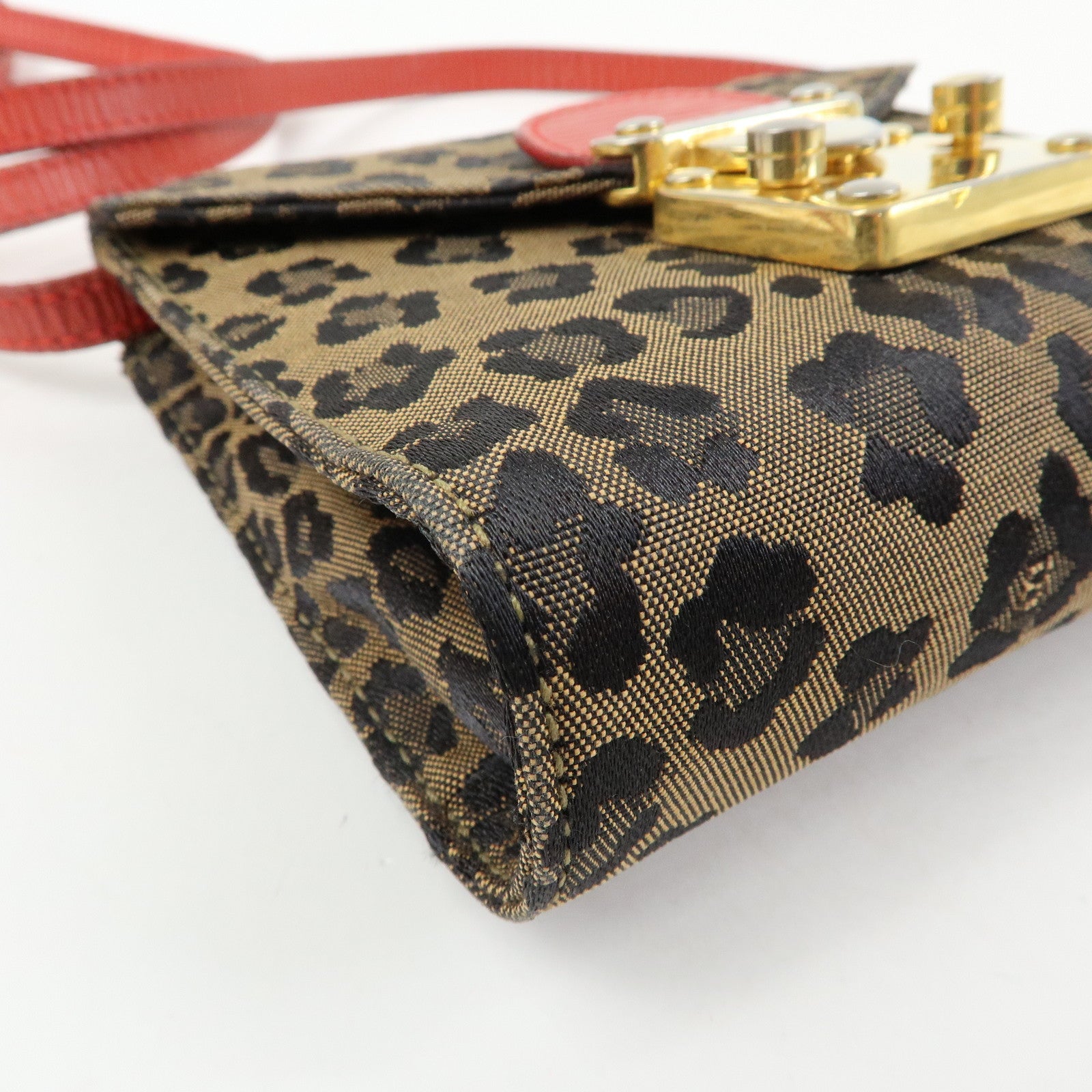 FENDI Leopard Canvas Leather 2Way Shoulder Bag Waist Bag Brown Red