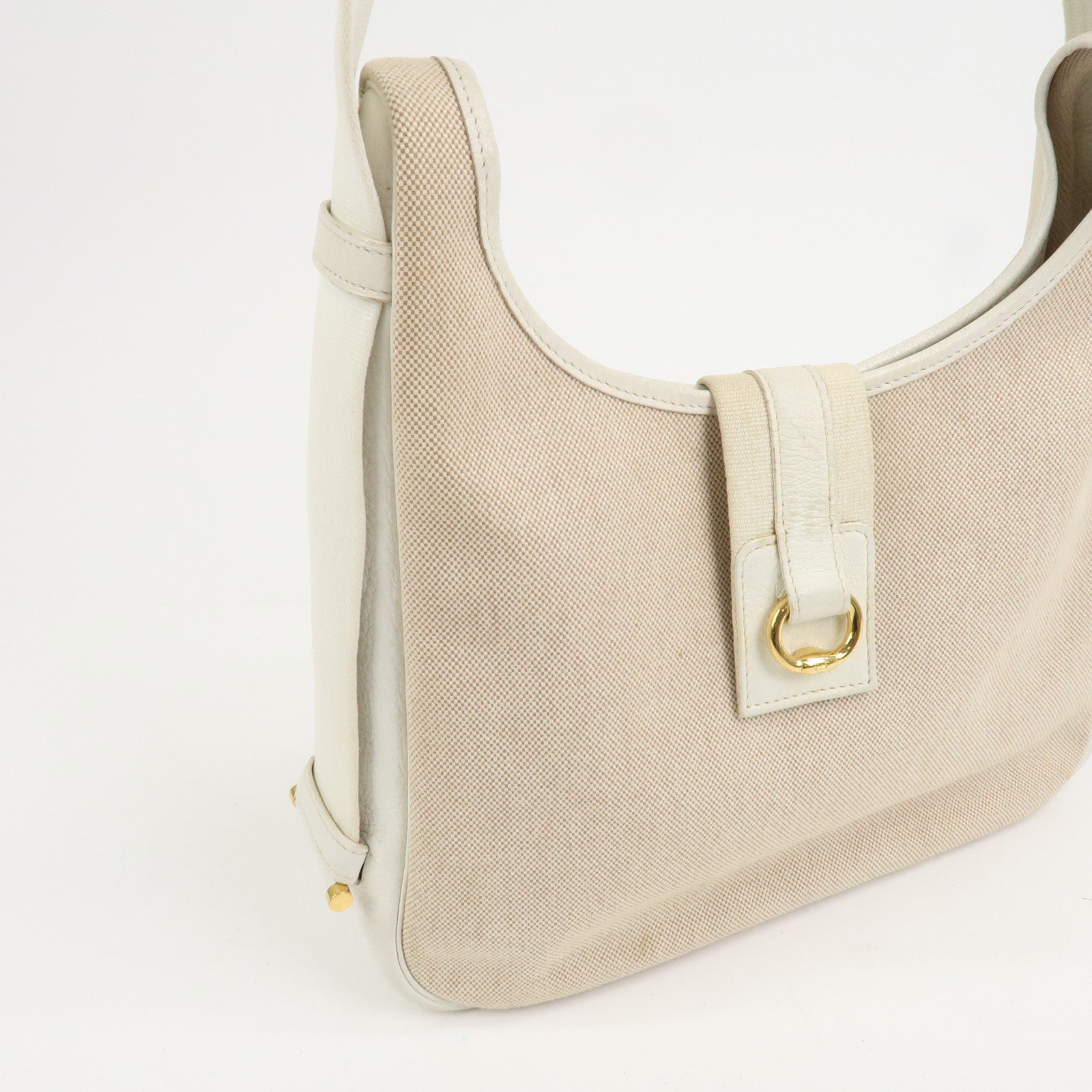 HERMES Saco Canvas Leather Shoulder Bag B Stamped Natural Gold HDW