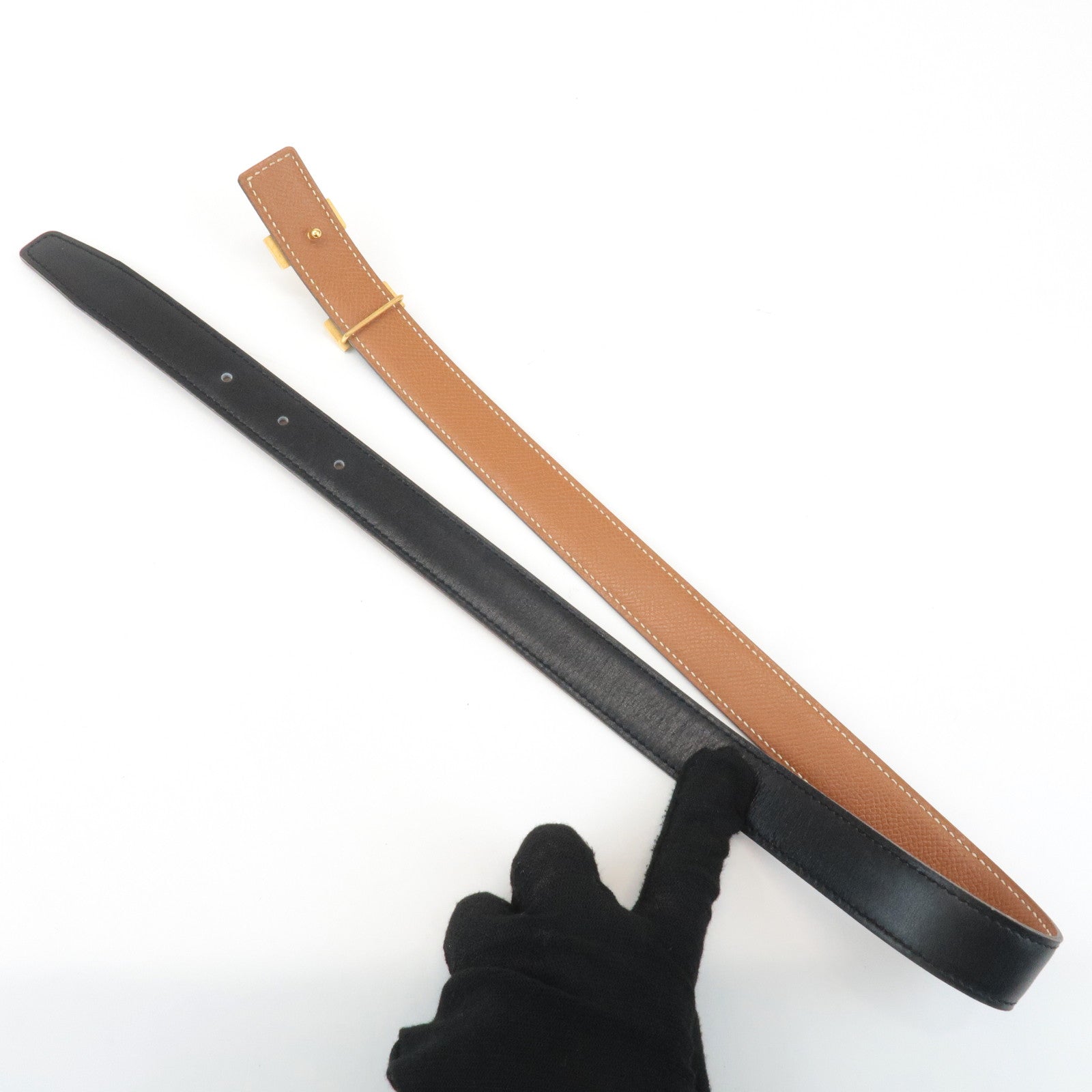 HERMES Cushvel Leather H Buckle Constance Belt H Stamped Black Gold Used