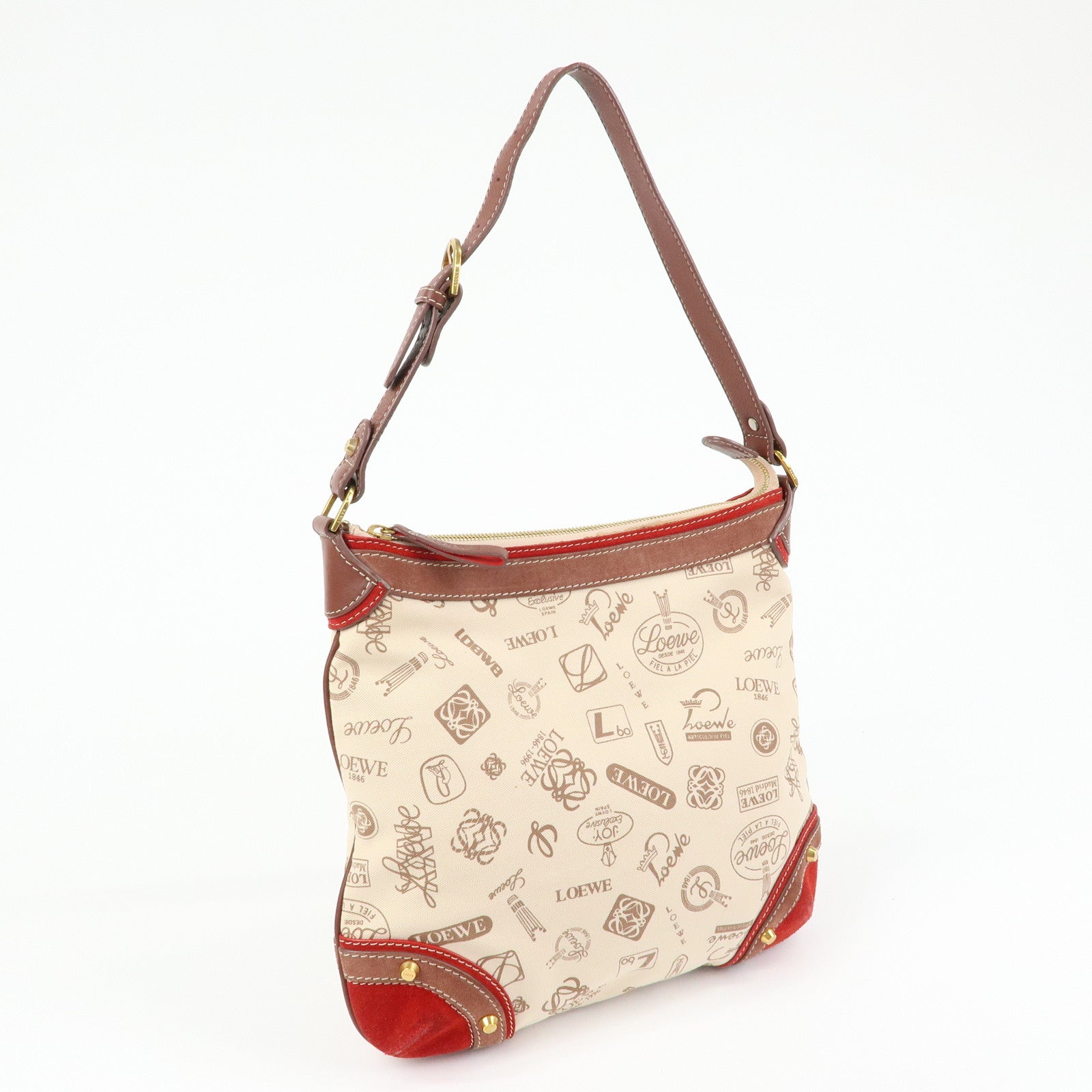LOEWE Canvas Leather Suede Shoulder Bag Hand Bag Beige Red