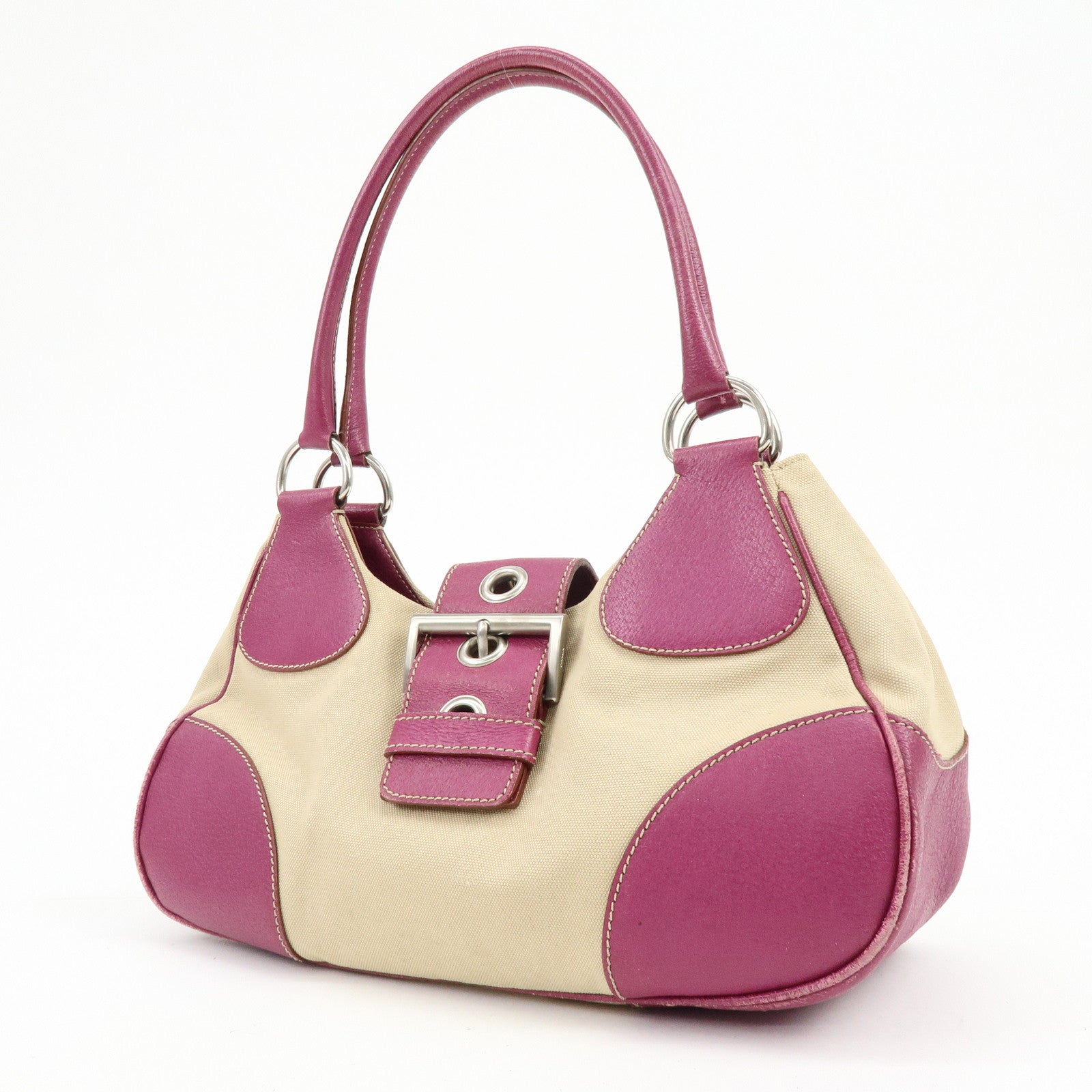 PRADA Triangle Logo Canvas Leather Hand Bag Beige Purple BR0811