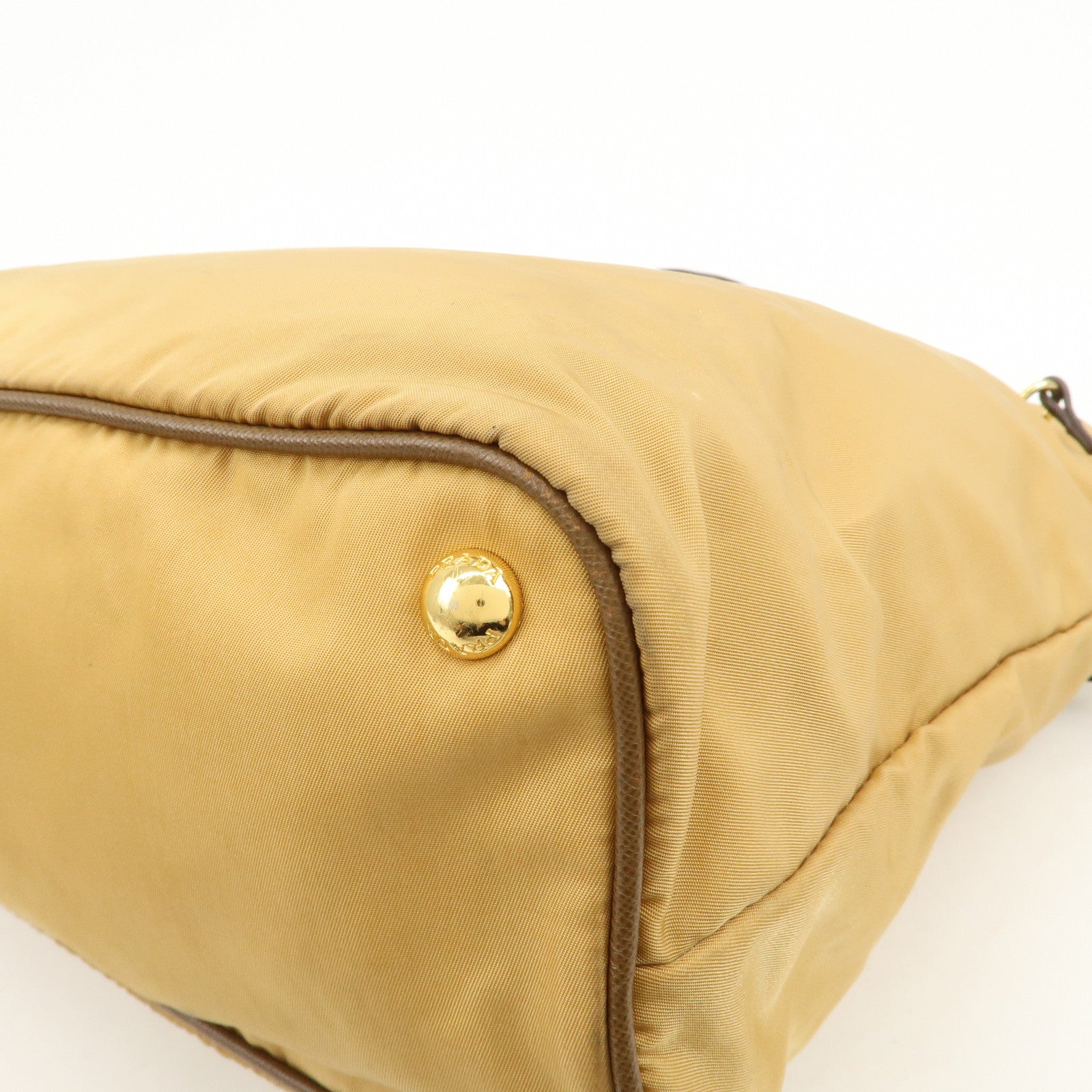 PRADA Logo Nylon Saffiano Leather Tote Bag Shoulder Bag Light Brown