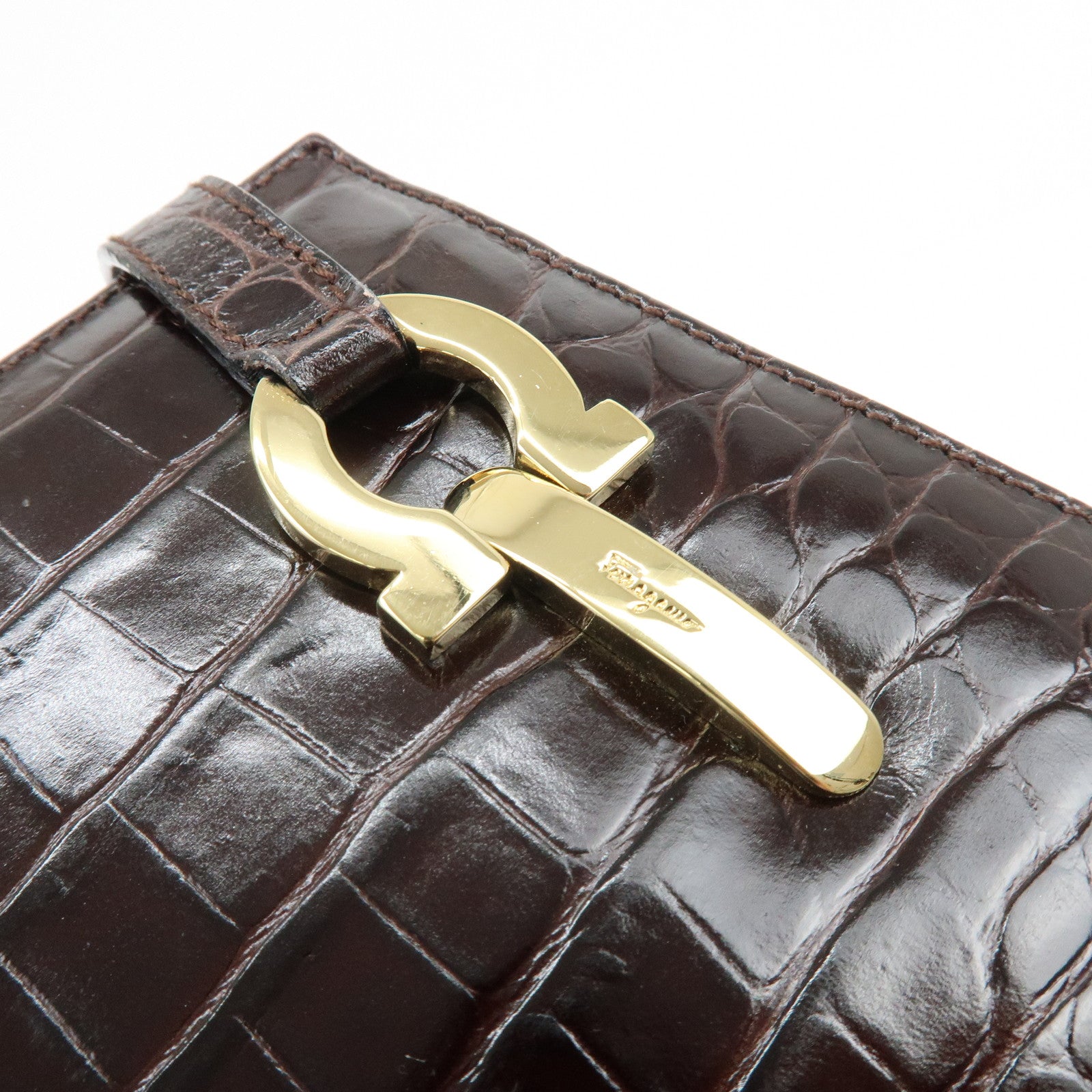 Ferragamo Gancini Embossed Leather Shoulder Bag Tote Bag Dark Brown