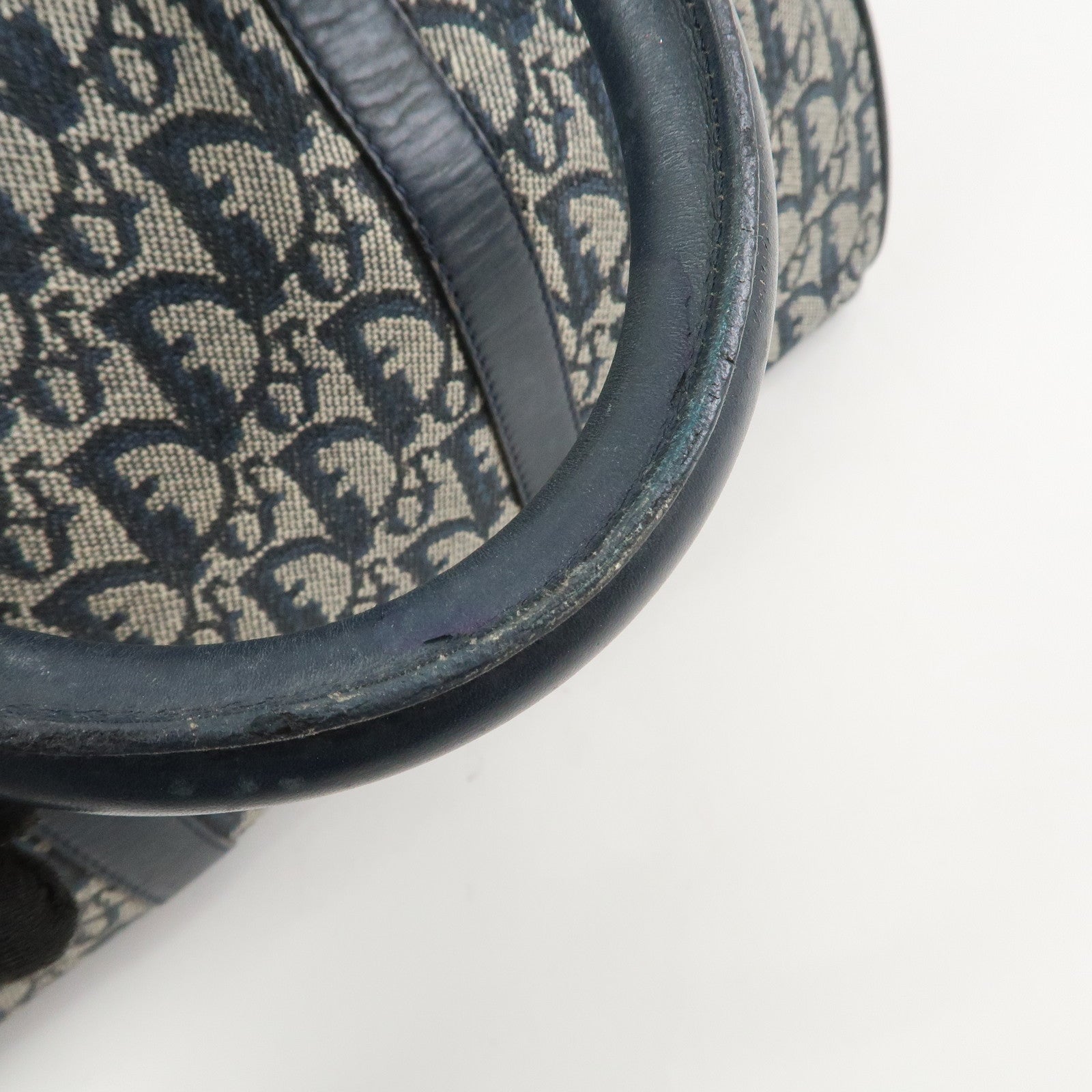 Christian Dior Trotter Jacquard Canvas Leather Boston Hand Bag Navy