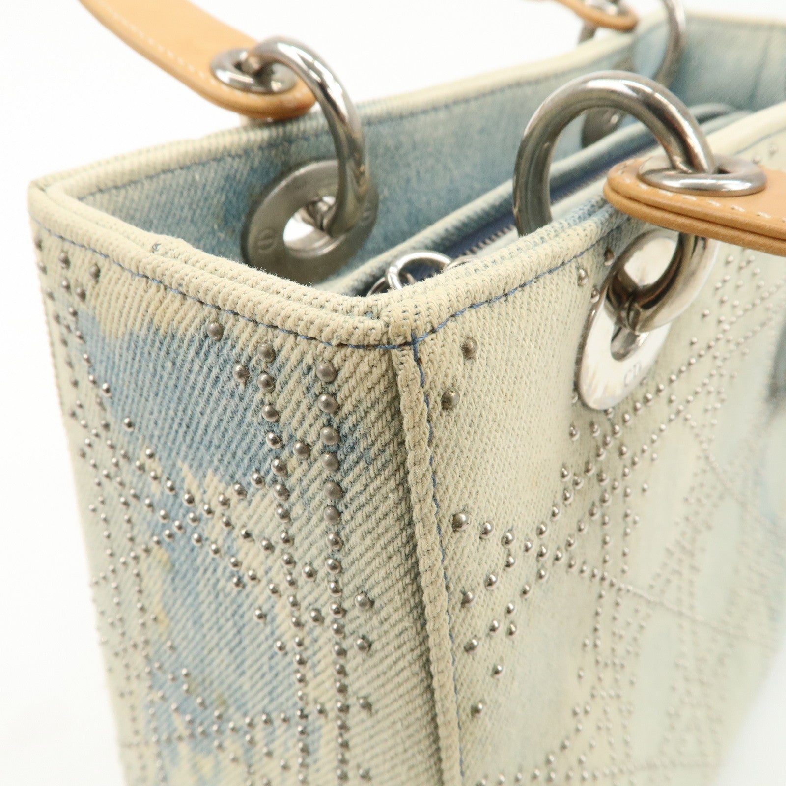 Christian Dior Cannage Leather Denim 2 Way Tote Bag Studs Beige Blue