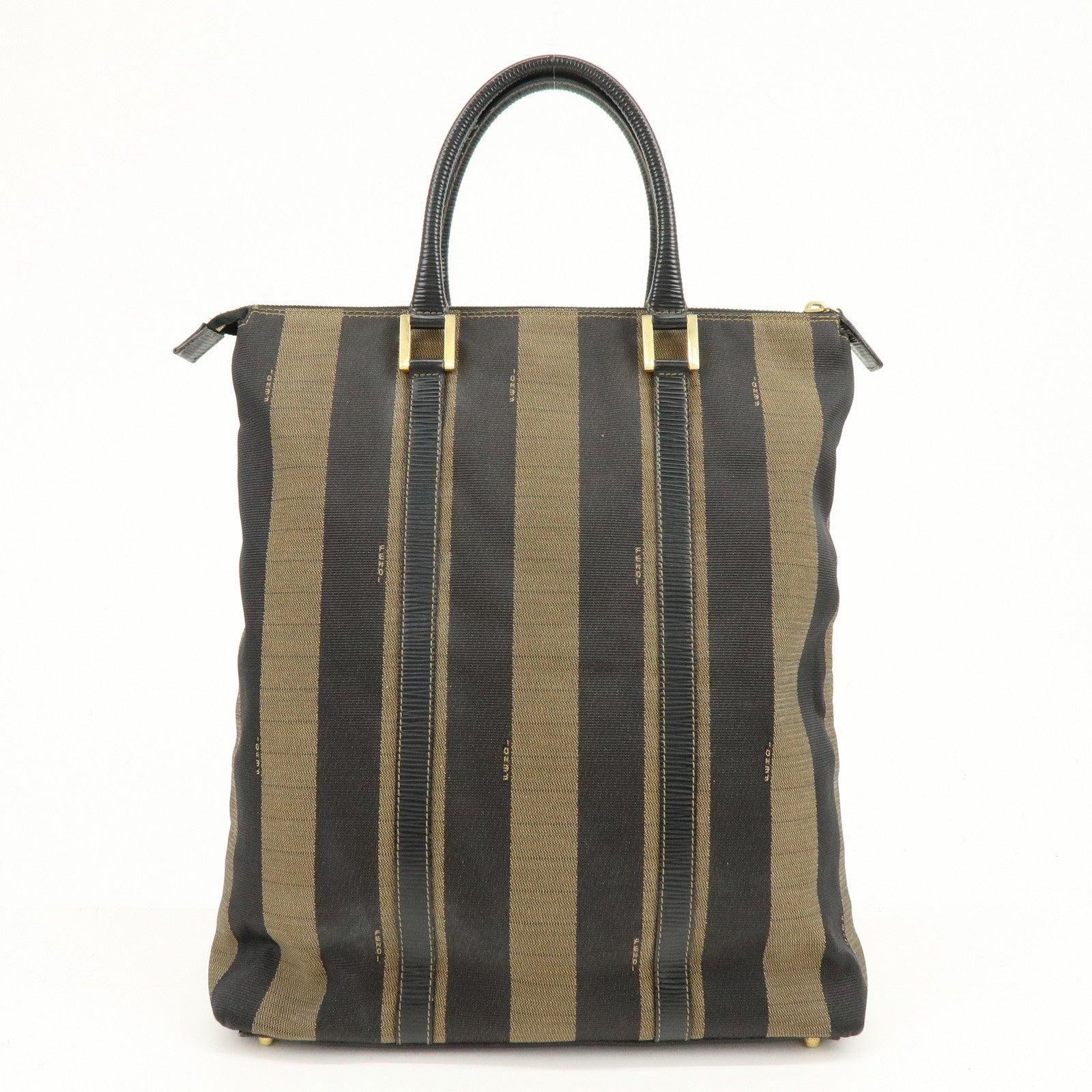 FENDI Pequin Canvas Leather Hand Bag Tote Bag Brown Black