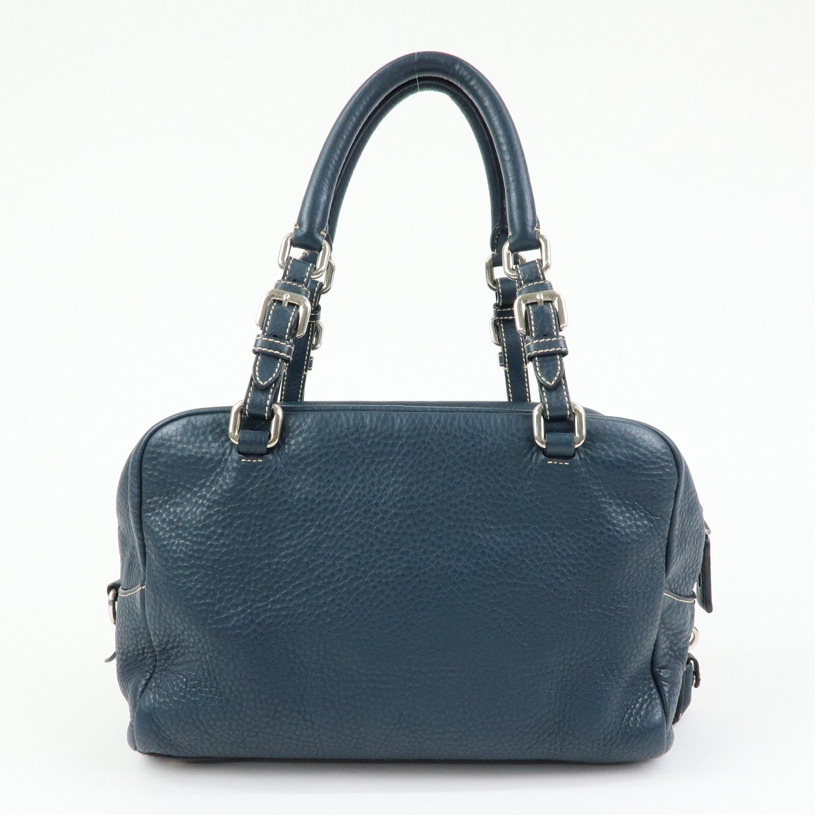 PRADA Calf Leather Boston Bag Shoulder Bag Hand Bag Navy BR3091