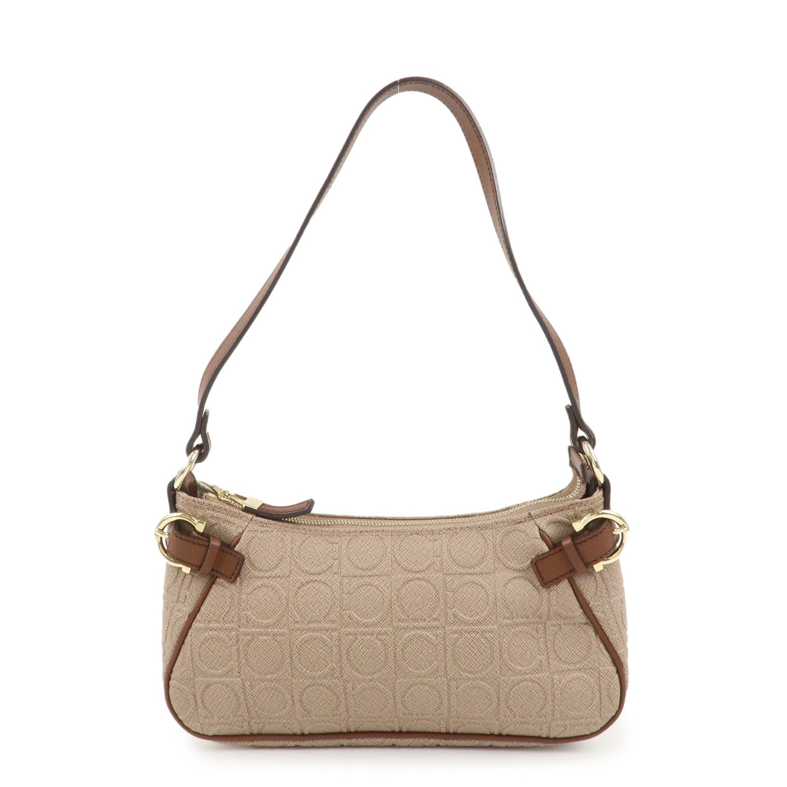 Ferragamo Gancini Logo PVC Leather Shoulder Bag Hand Bag Brown