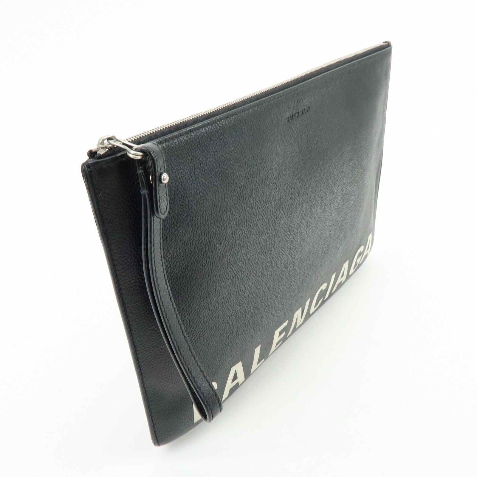 BALENCIAGA Leather Clutch Bag Flat Bag Black