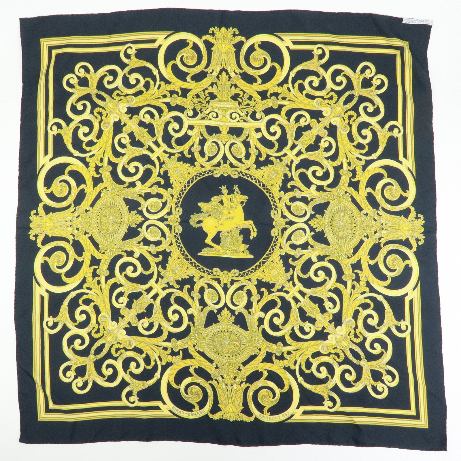 HERMES Carre 90 Silk 100% Scarf LES TUILERIES Black Gold