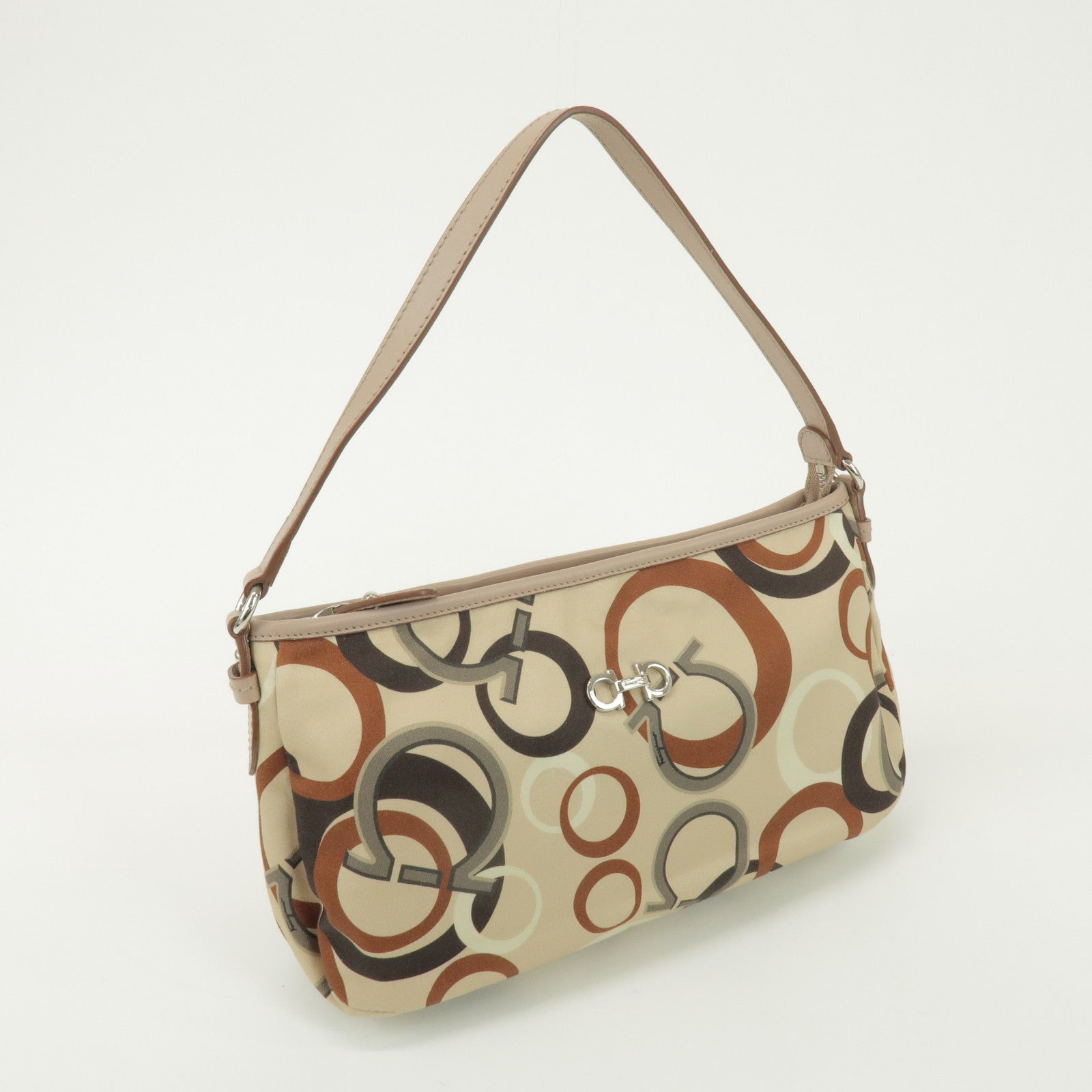 Ferragamo Gancini Nylon Leather Hand Bag Shoulder Bag Beige Brown