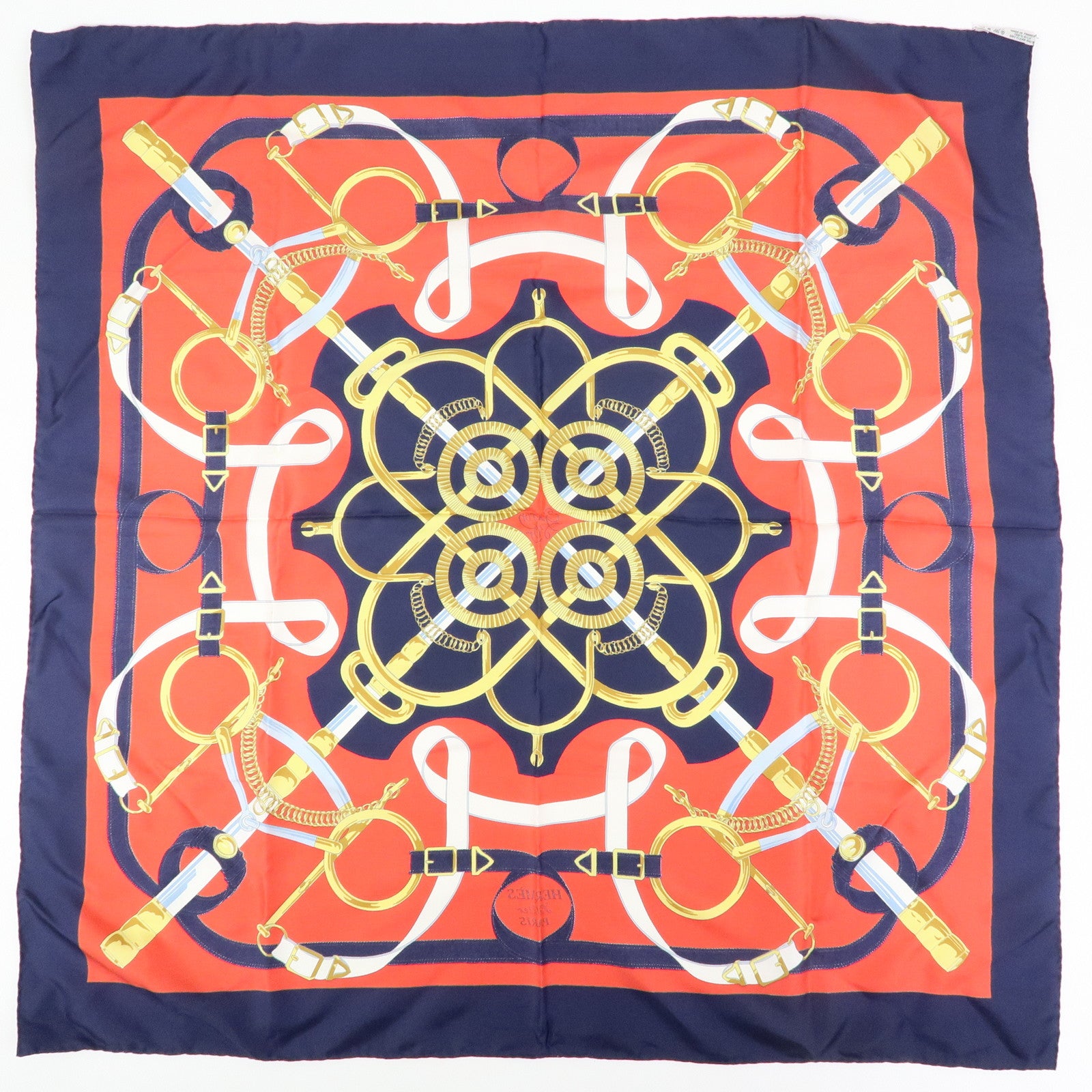HERMES Carre 90 Silk 100% Scarf  Eperon d'or Navy White Yellow Red