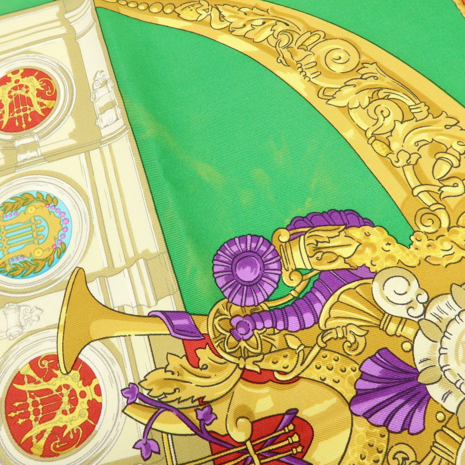 HERMES Carre 90 Set of 2 Silk 100% Scarf Green Gold Ivory